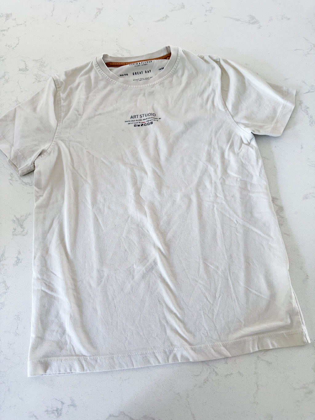 Denim and Flower- 9-10Y- GUC- beige t shirt with sailboat graphic on back