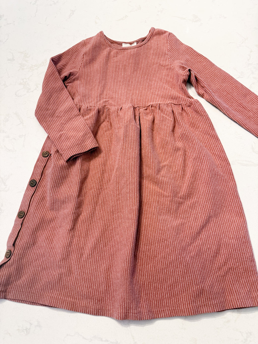 Vignette- 5Y- PLAY- pinkish brown long sleeve dress with thin white stripes