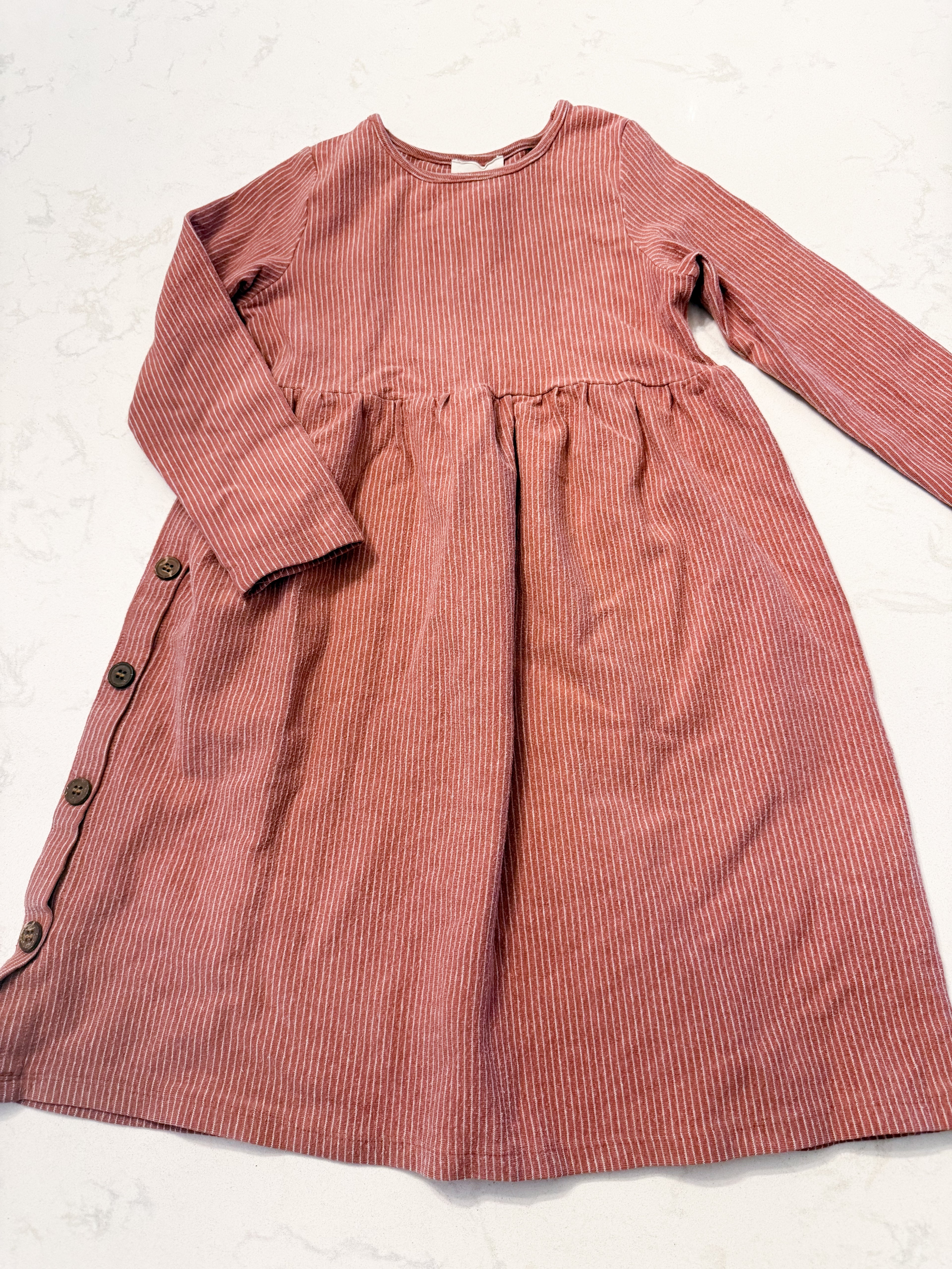 Vignette- 5Y- PLAY- pinkish brown long sleeve dress with thin white stripes