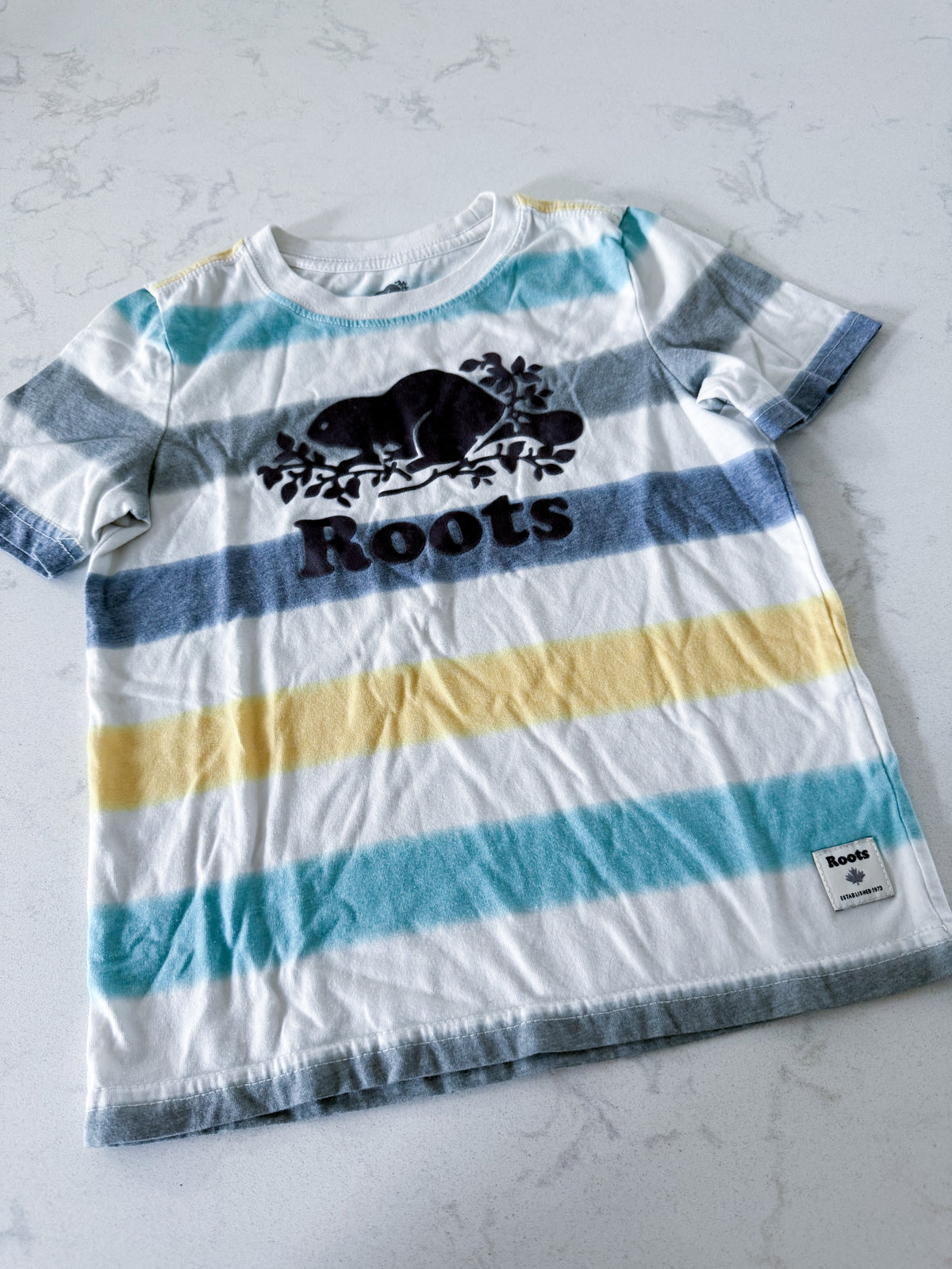 Roots- 5T- VGUC- yellow blue and white striped t shirt with dark grey logo