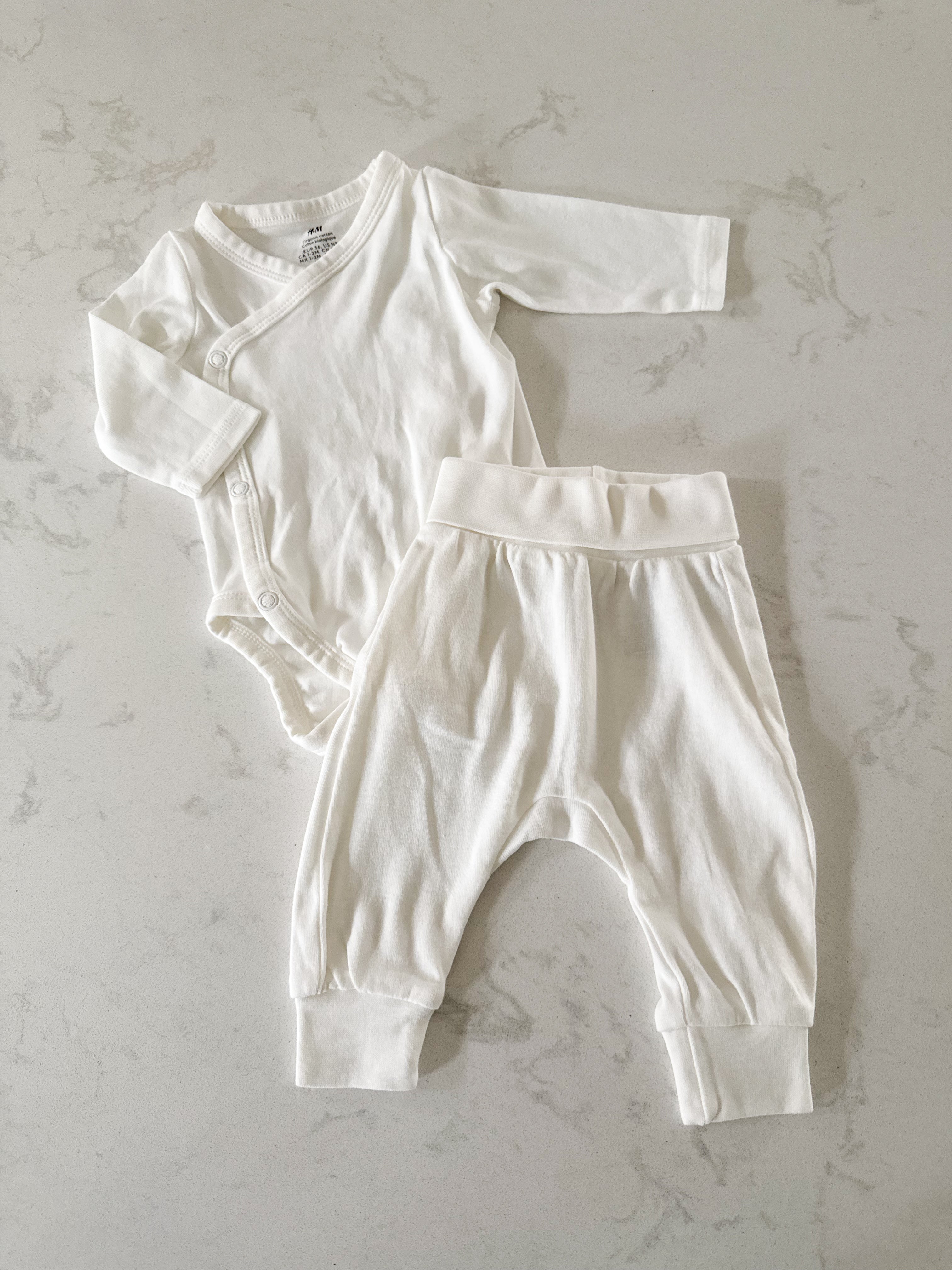 H&M- newborn- VGUC- white two piece wrap bodysuit and pants