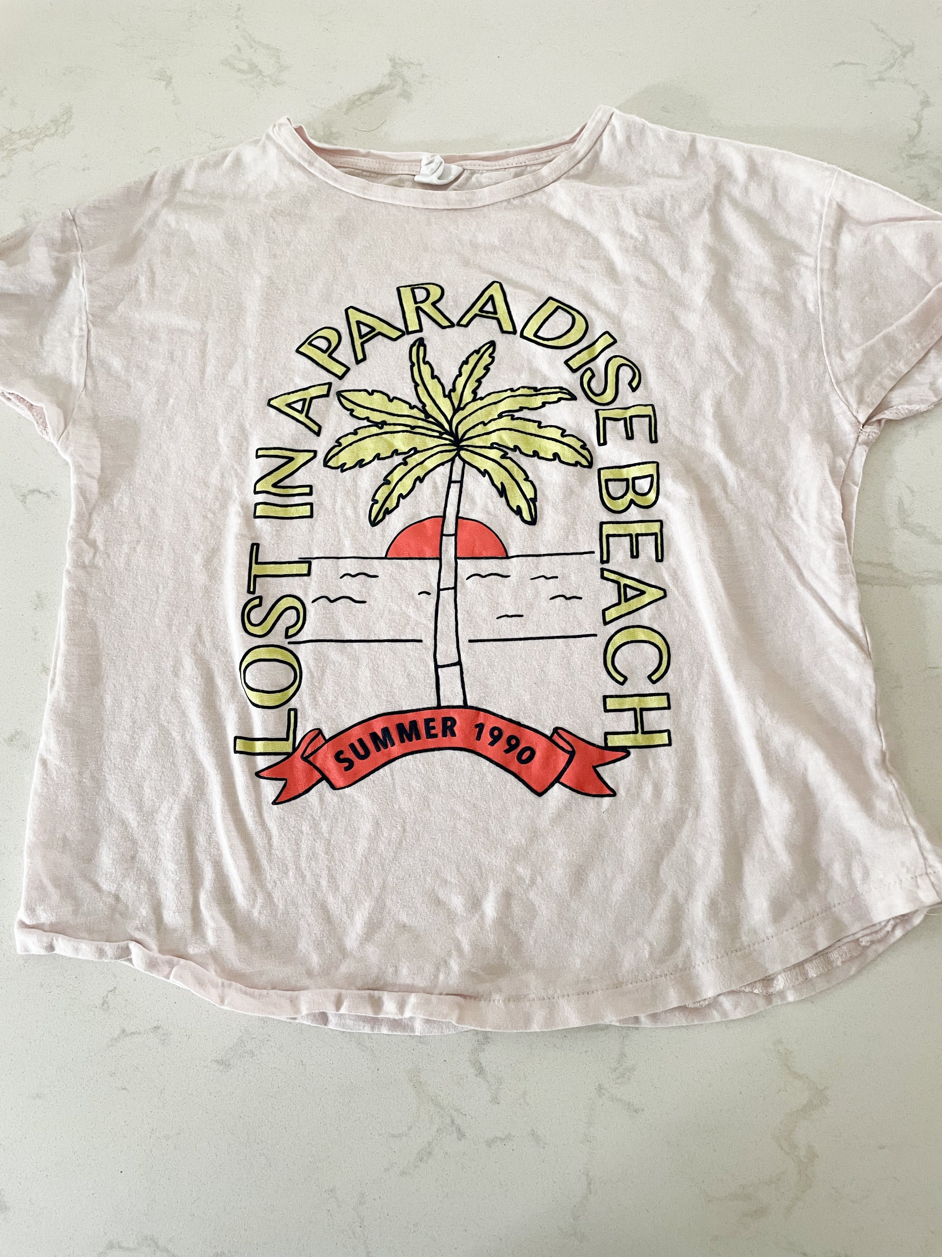 Zara-11-12Y- VGUC- light pink t shirt with palm tree graphic