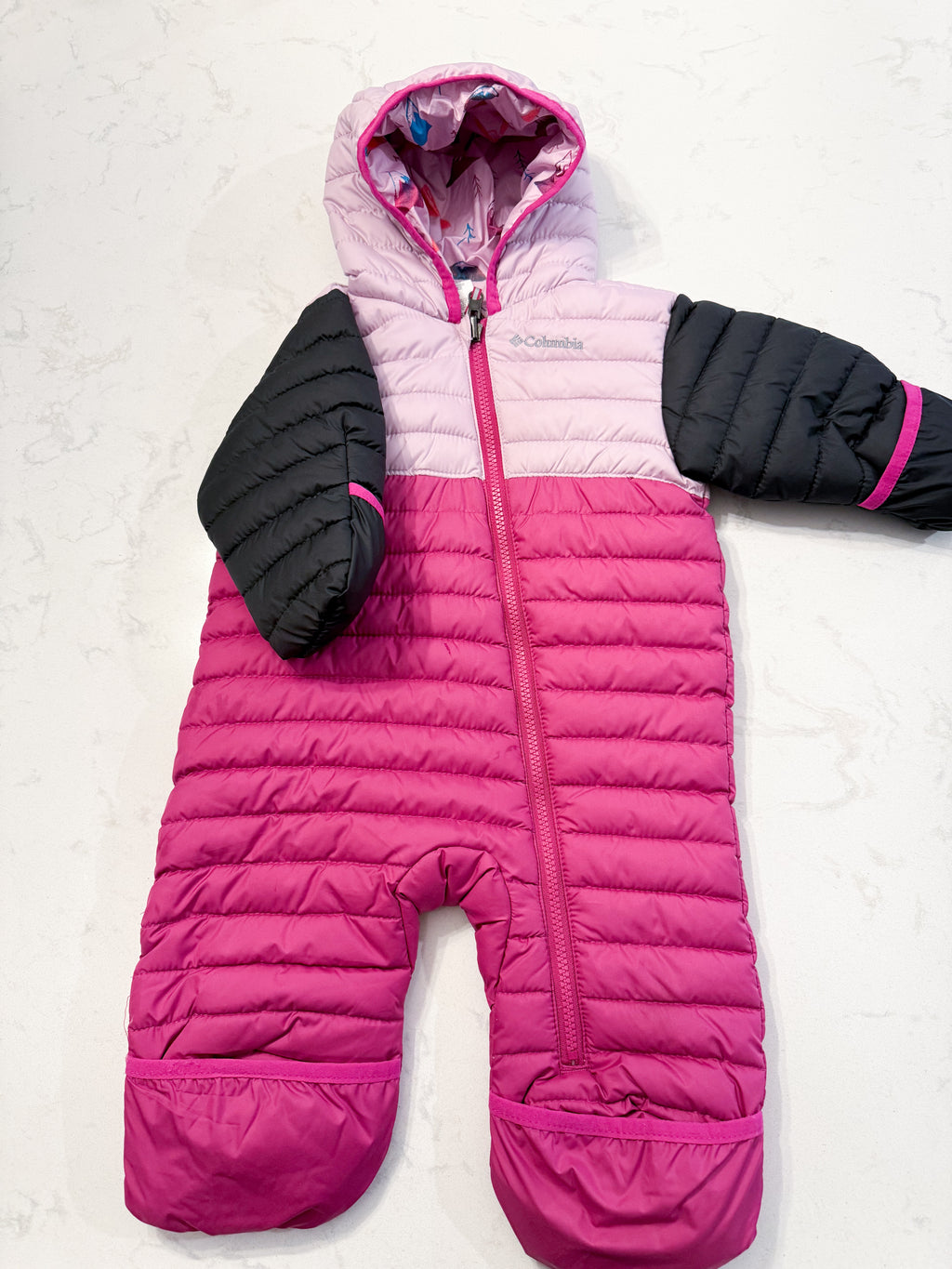 Columbia- 6-12m- PLAY- reversible puffer pink bunting suit