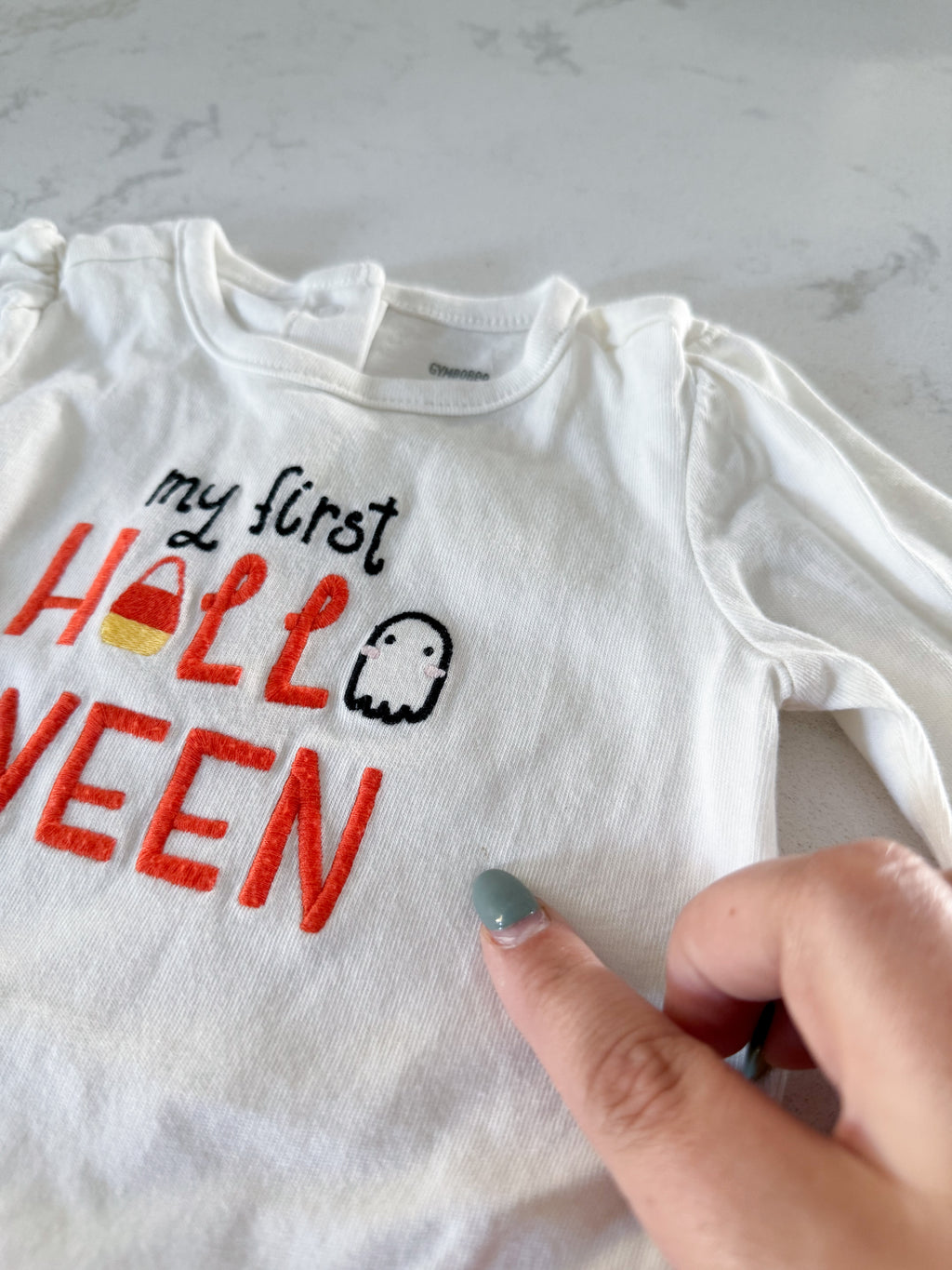 Gymboree- 3-6m-PLAY- white long sleeve bodysuit with “my first Halloween” embroidered