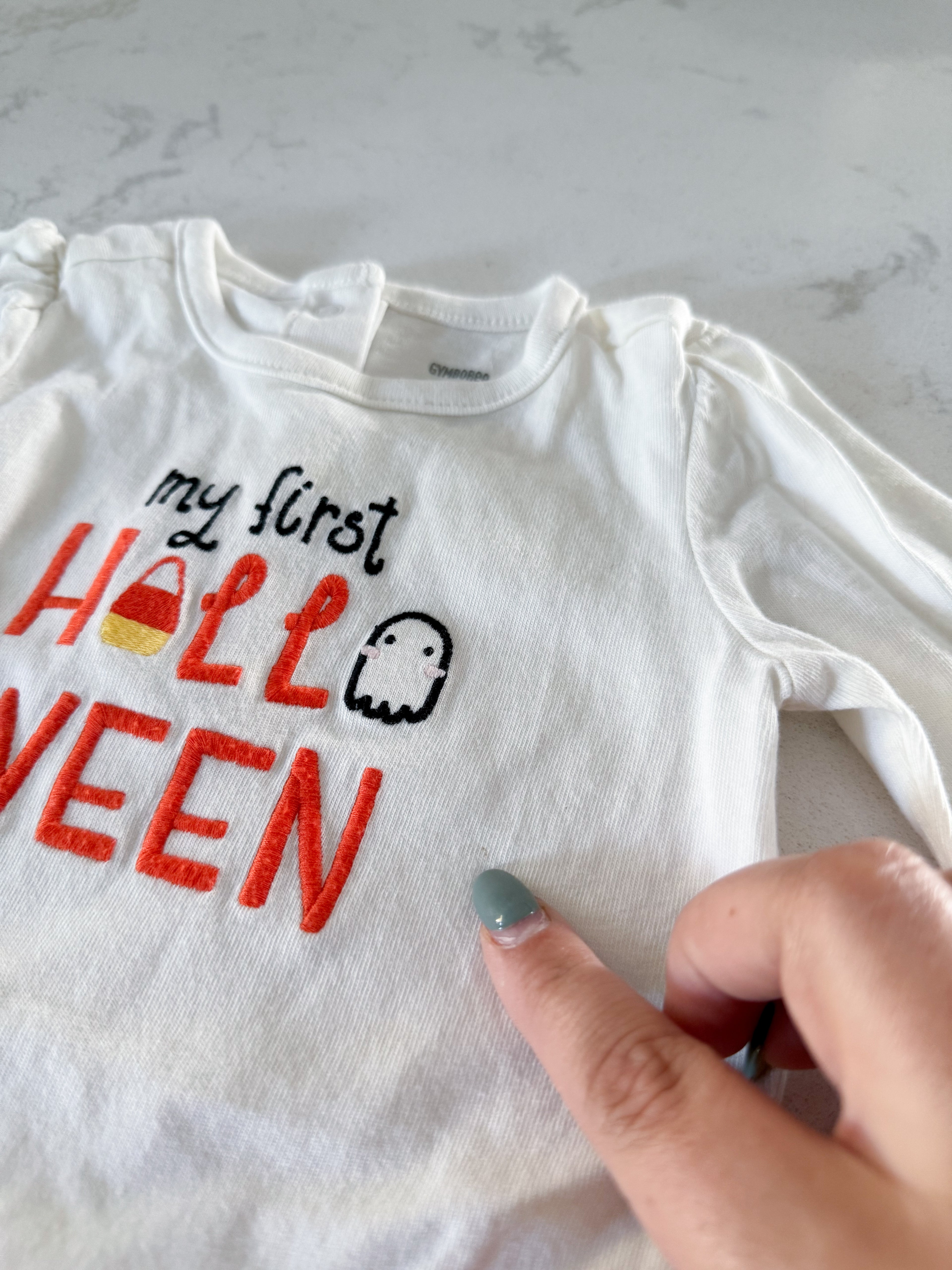 Gymboree- 3-6m-PLAY- white long sleeve bodysuit with “my first Halloween” embroidered
