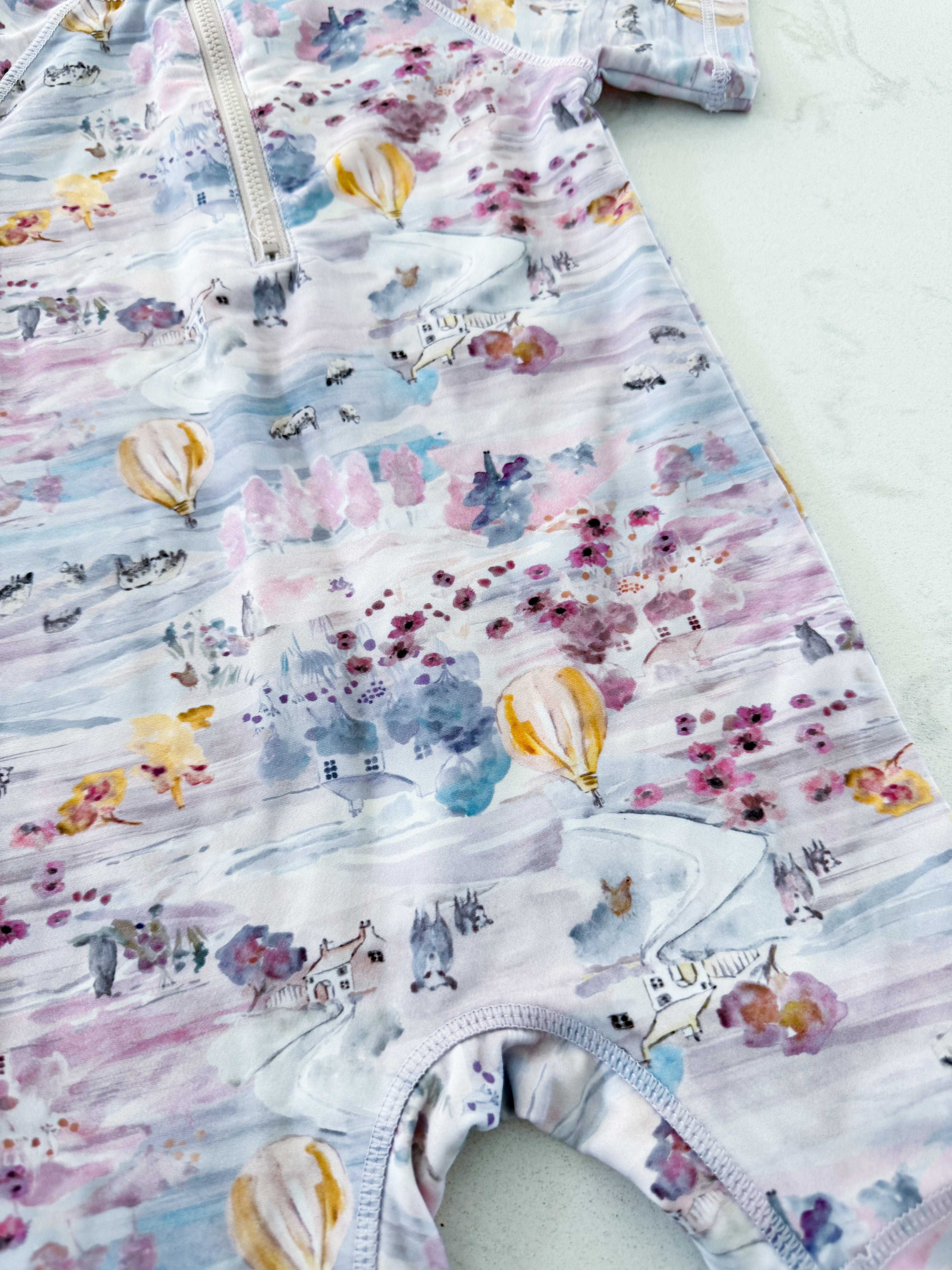 Wheat Kids- 9m- VGUC- pastel pink and blue swim suit with country side pattern