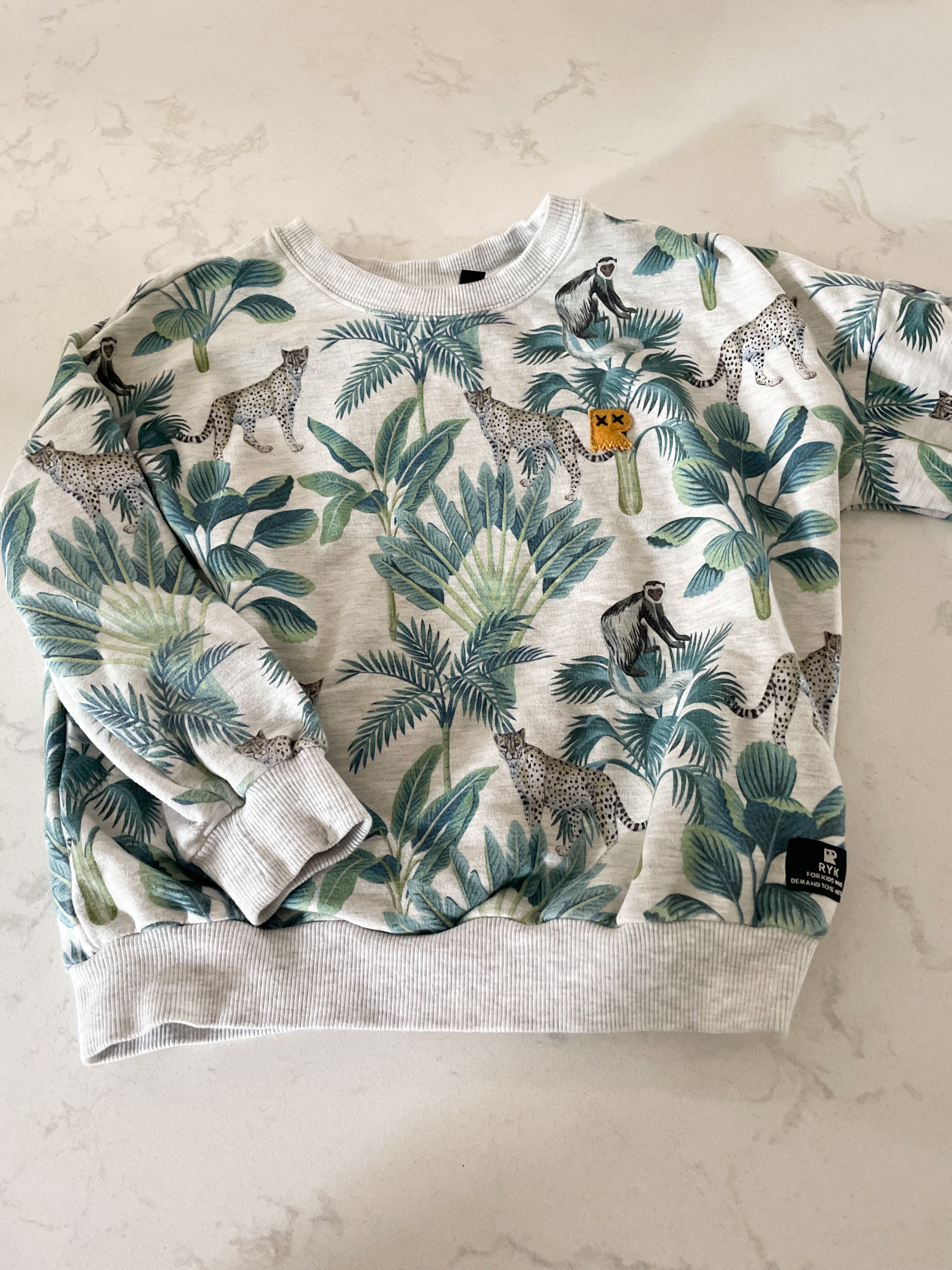 Rock Your Kid-6Y- VGUC- light grey crewneck with tropical plants and jungle animals