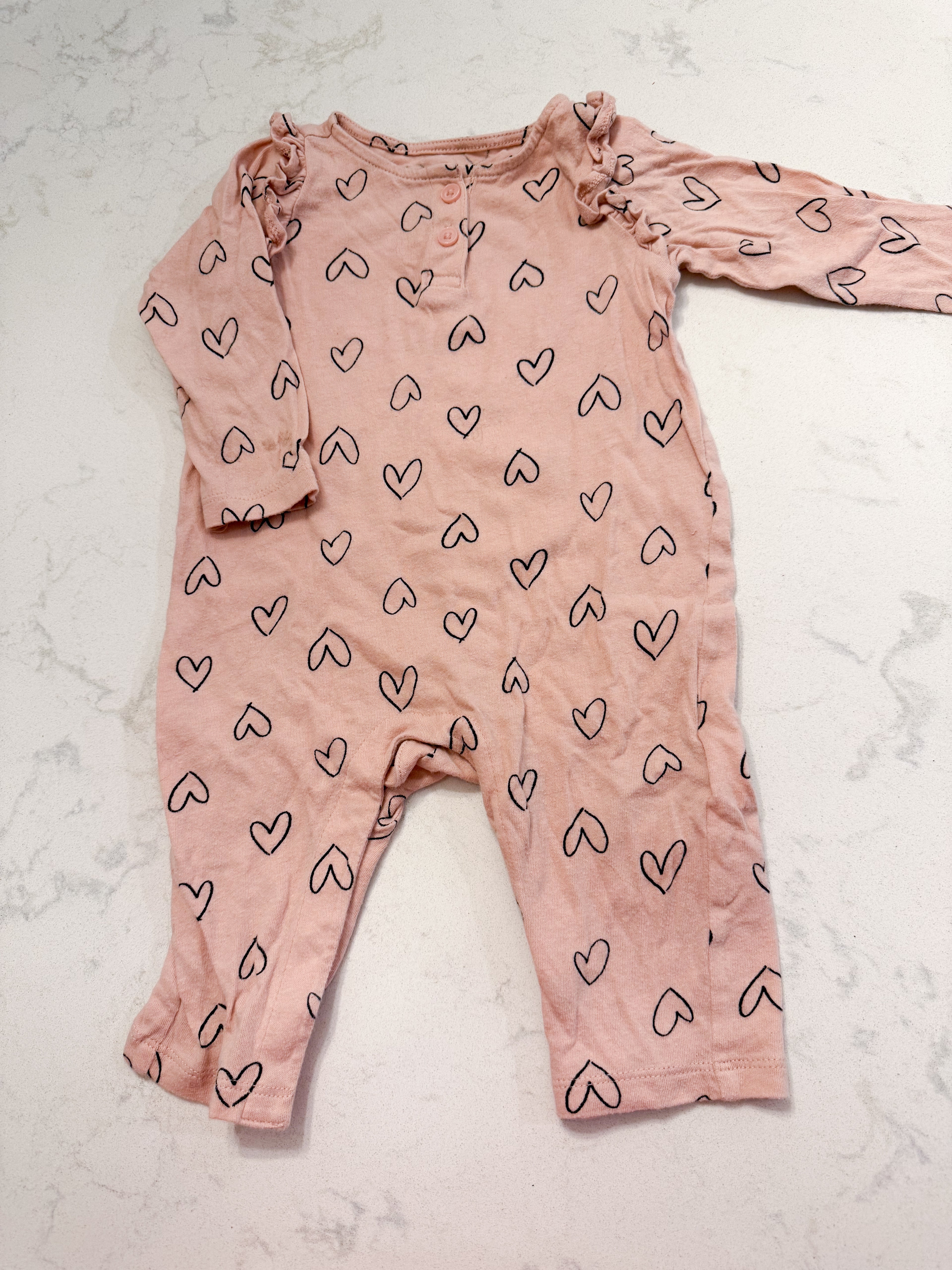 Old Navy- 3-6m- GUC- light pink one piece romper with ruffles and hearts
