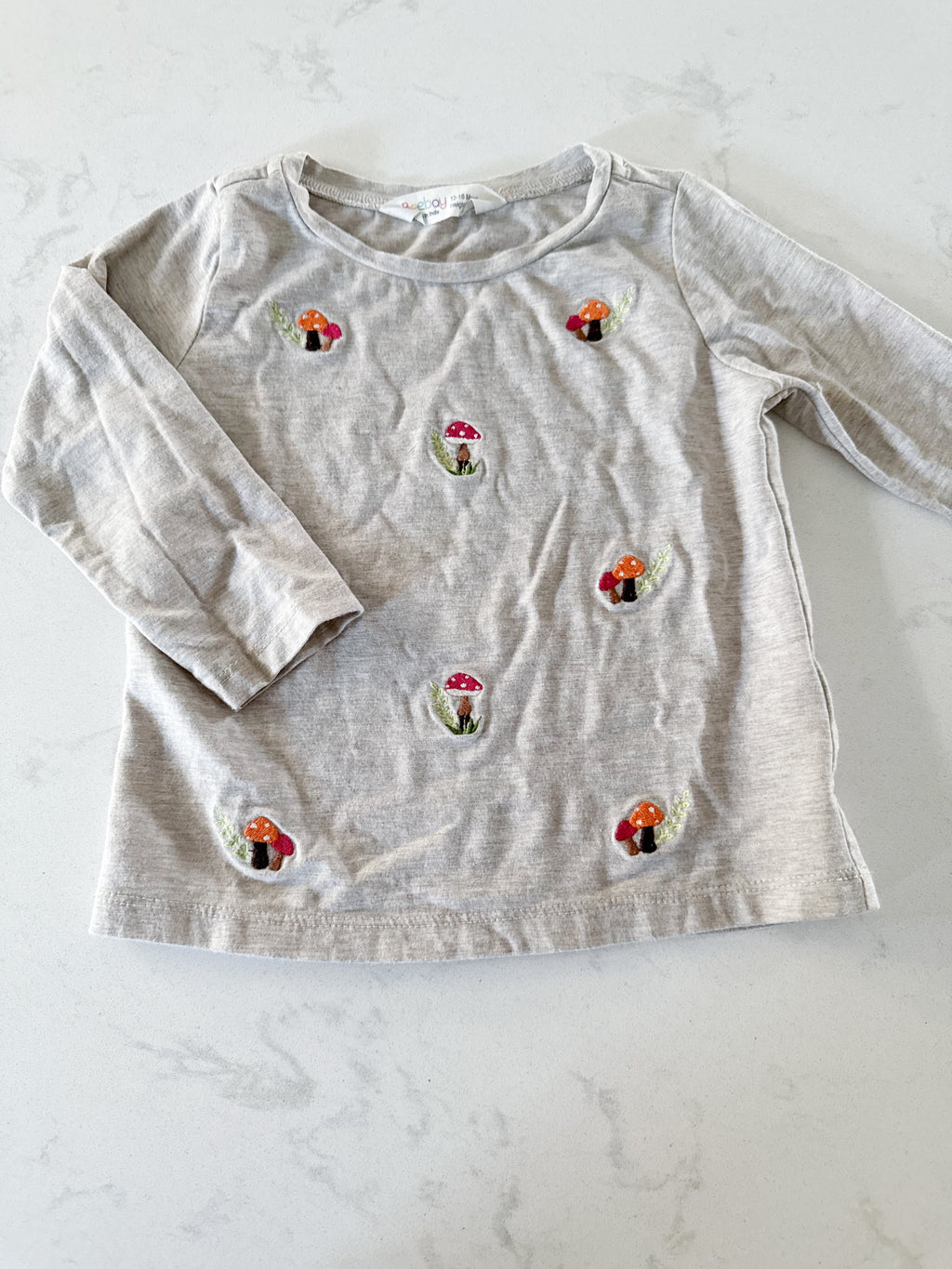 Beebay- 12-18m- GUC- beige long sleeve shirt with embroidered mushrooms