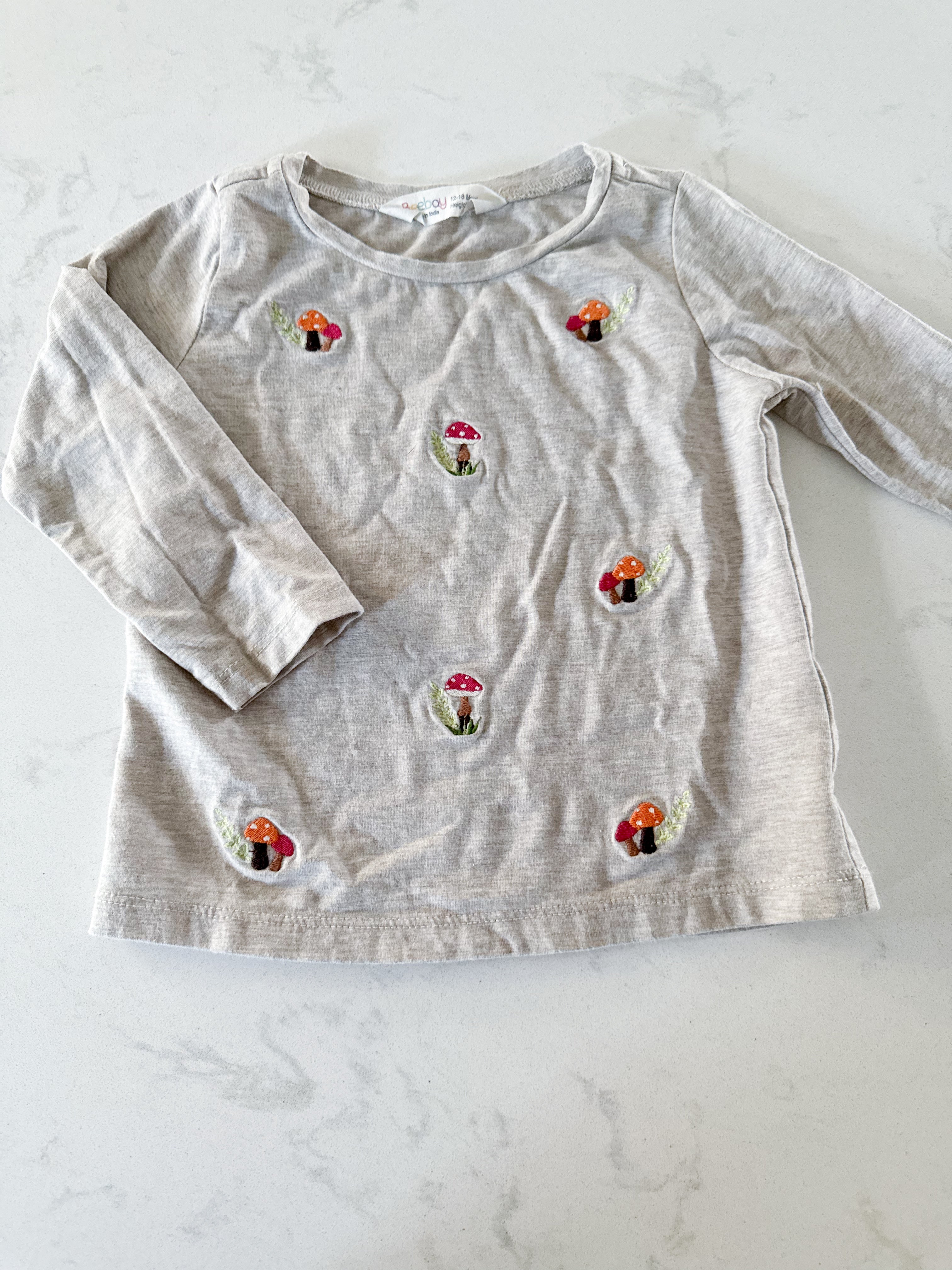 Beebay- 12-18m- GUC- beige long sleeve shirt with embroidered mushrooms