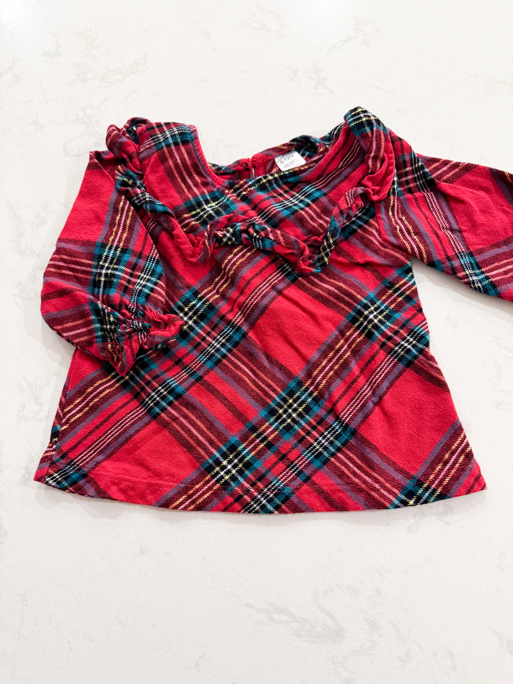 George- 6-12m- GUC- red plaid shirt with gold accents
