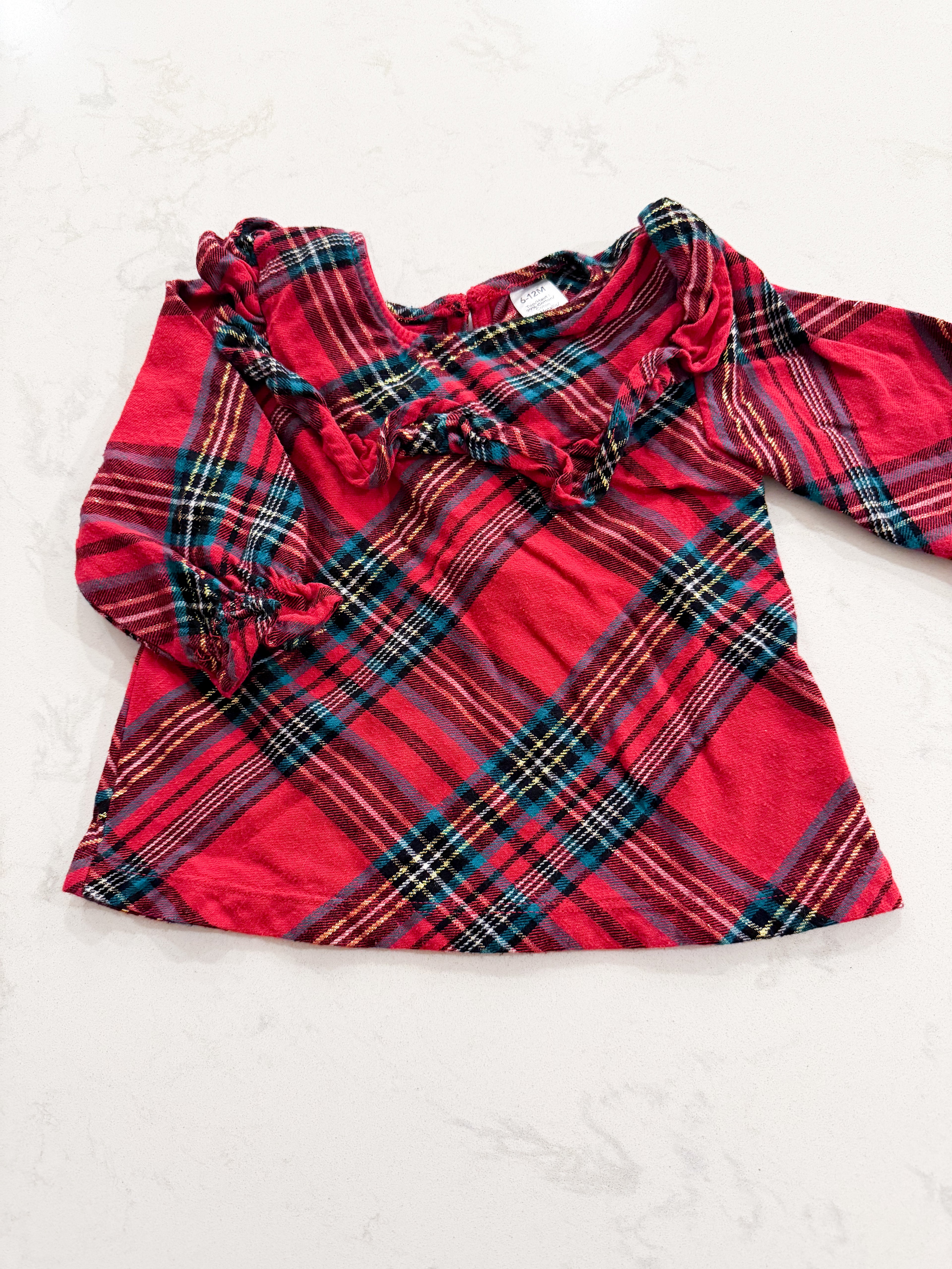 George- 6-12m- GUC- red plaid shirt with gold accents