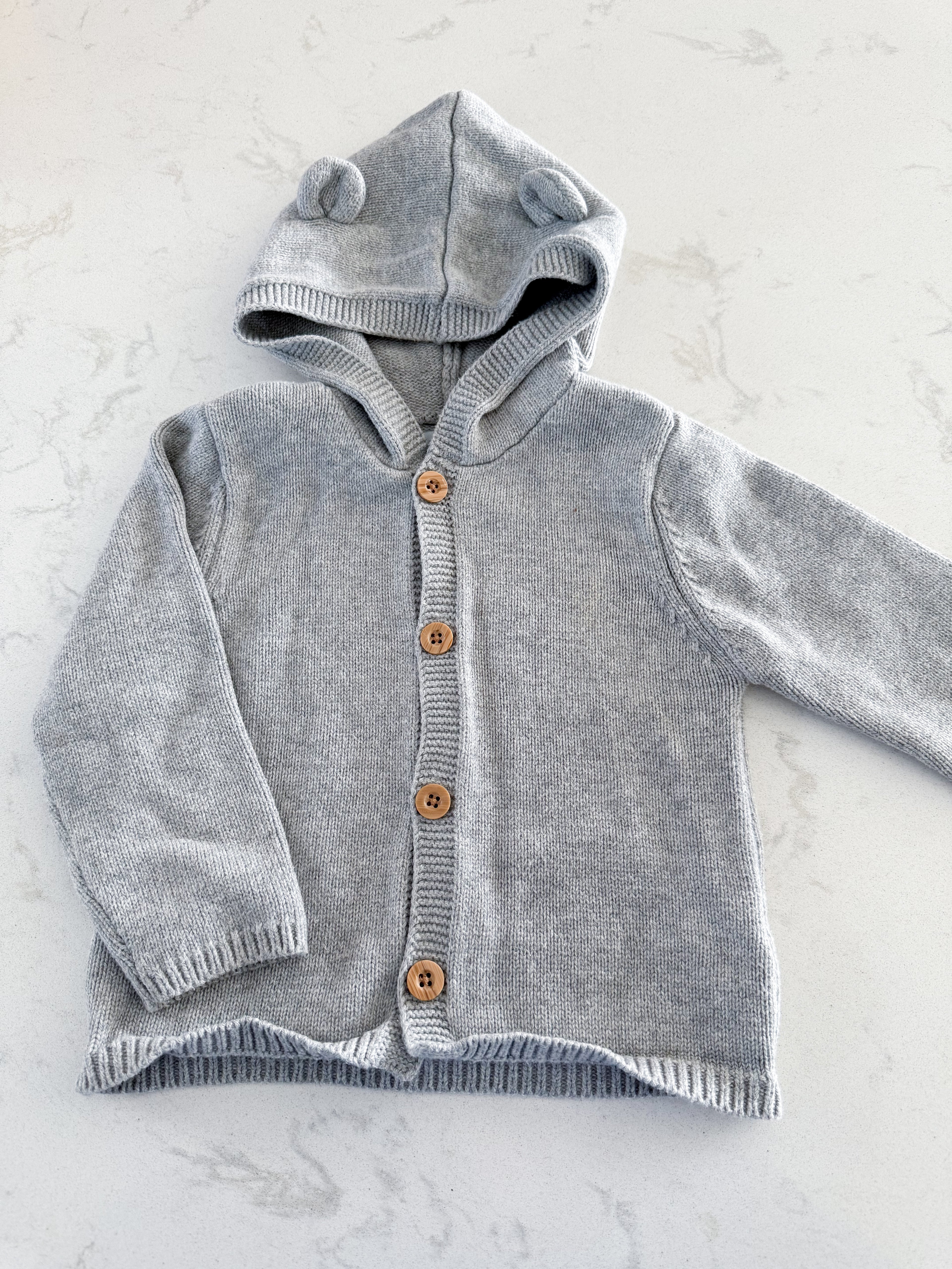 Pekkle- 12-18m- VGUC- grey knit button up cardigan with hood and ears
