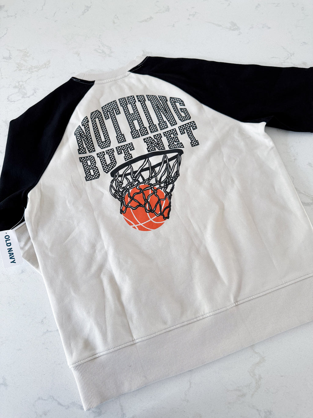 Old Navy- 10-12Y- BNWT- cream coloured basketball crewneck with black sleeves
