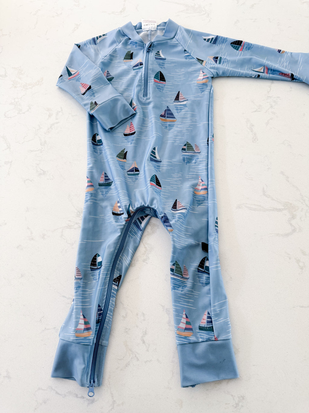 Honeysuckle Swim Co.- 2T- GUC- light blue full coverage swim suit with sailboats