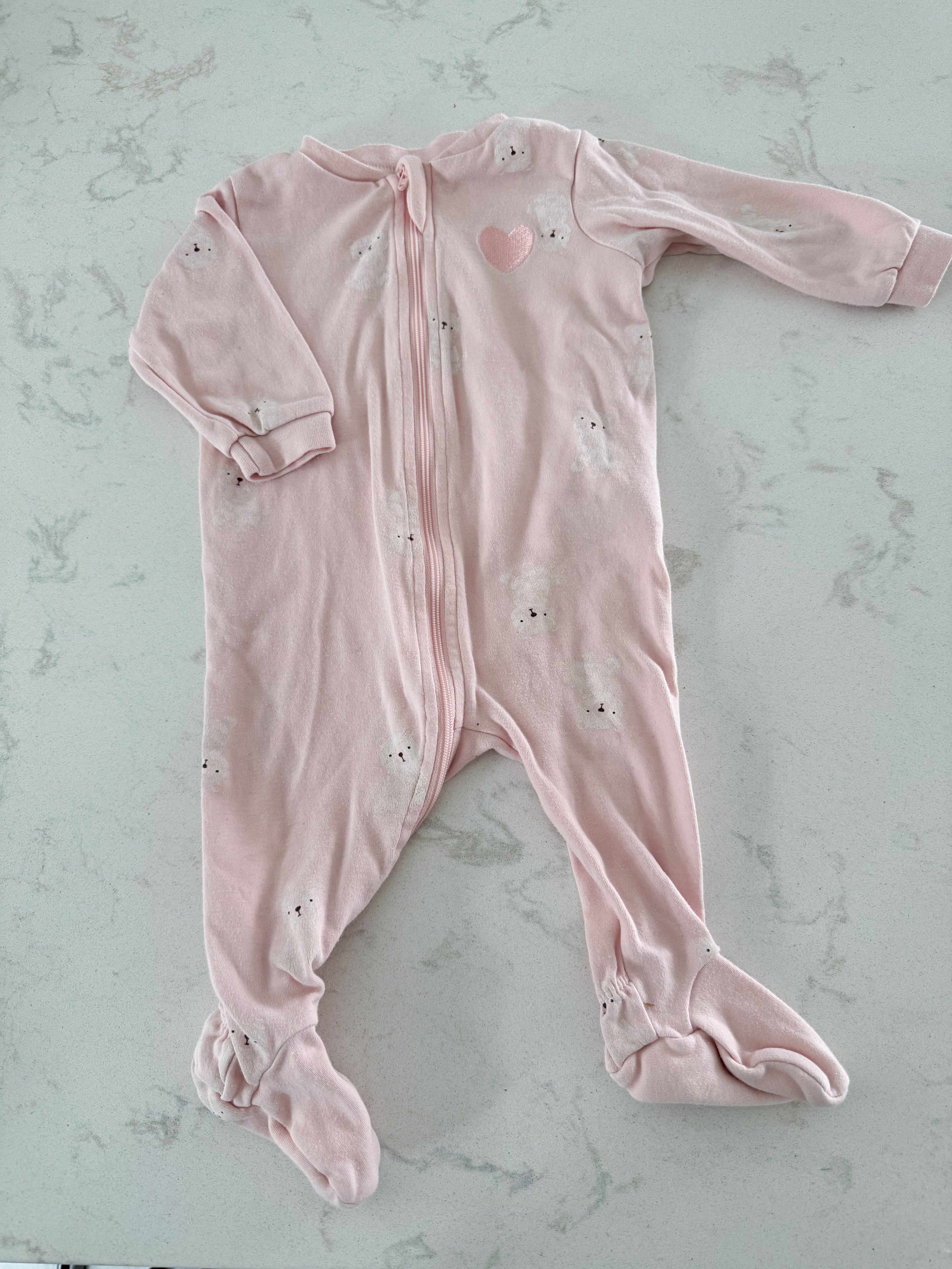 Pekkle- 6m- GUC- light pink footie jammies with embroidered heart and polar bears