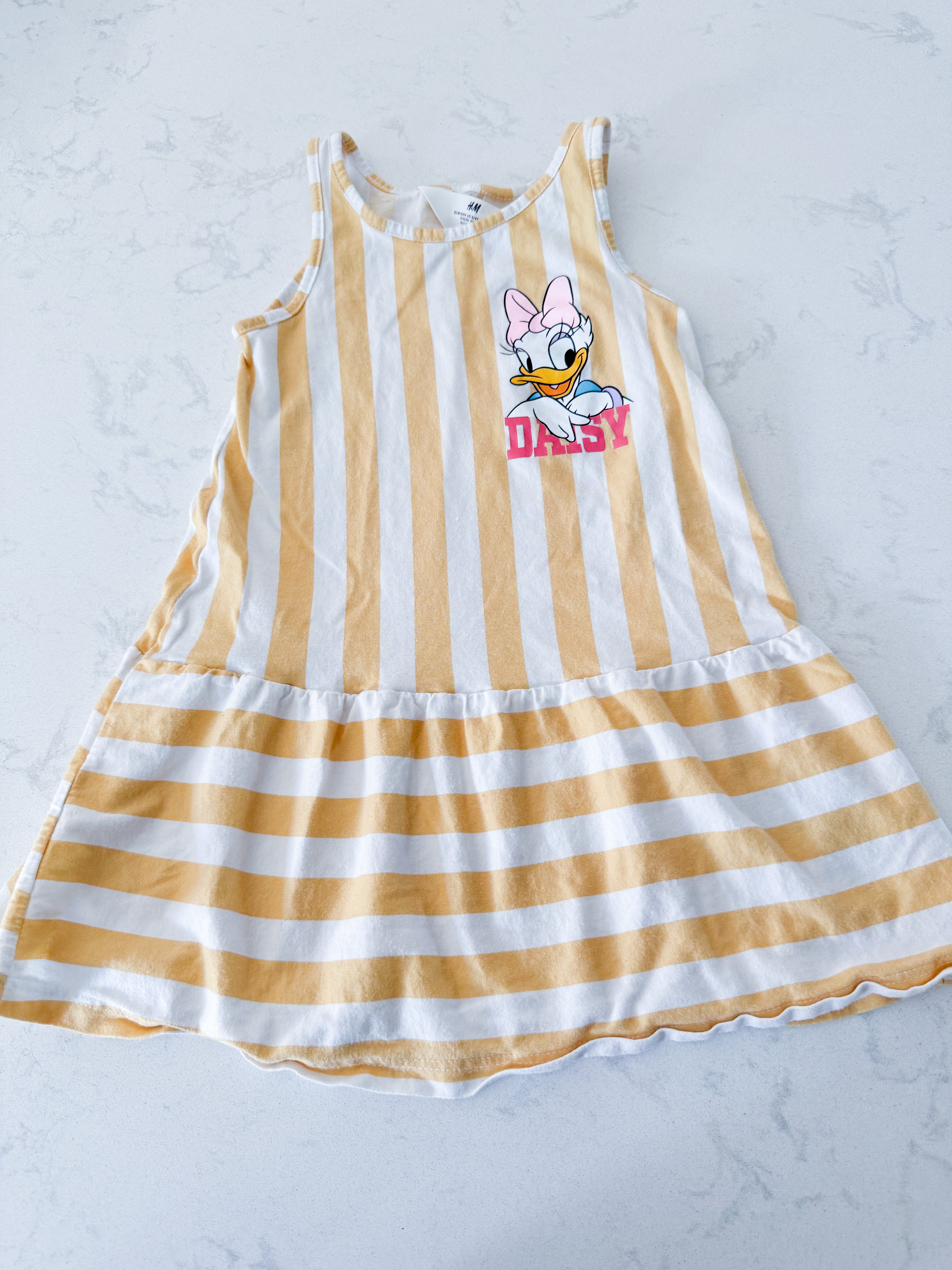 H&M- 3/4T- VGUC- white and light yellow striped tank dress with Daisy Duck