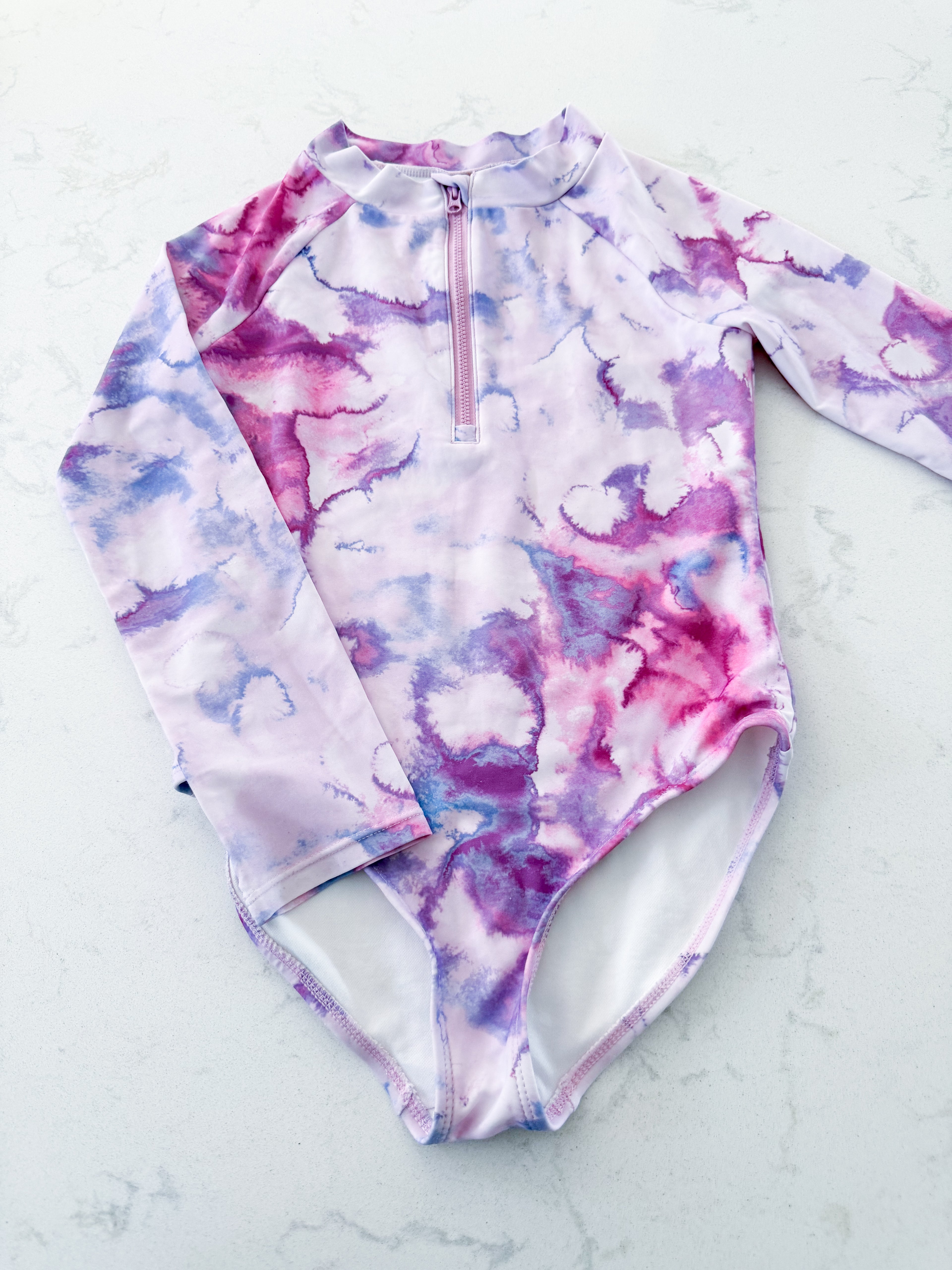 Carters- 8Y- VGUC- pink and purple long sleeve tie dye bathing suit