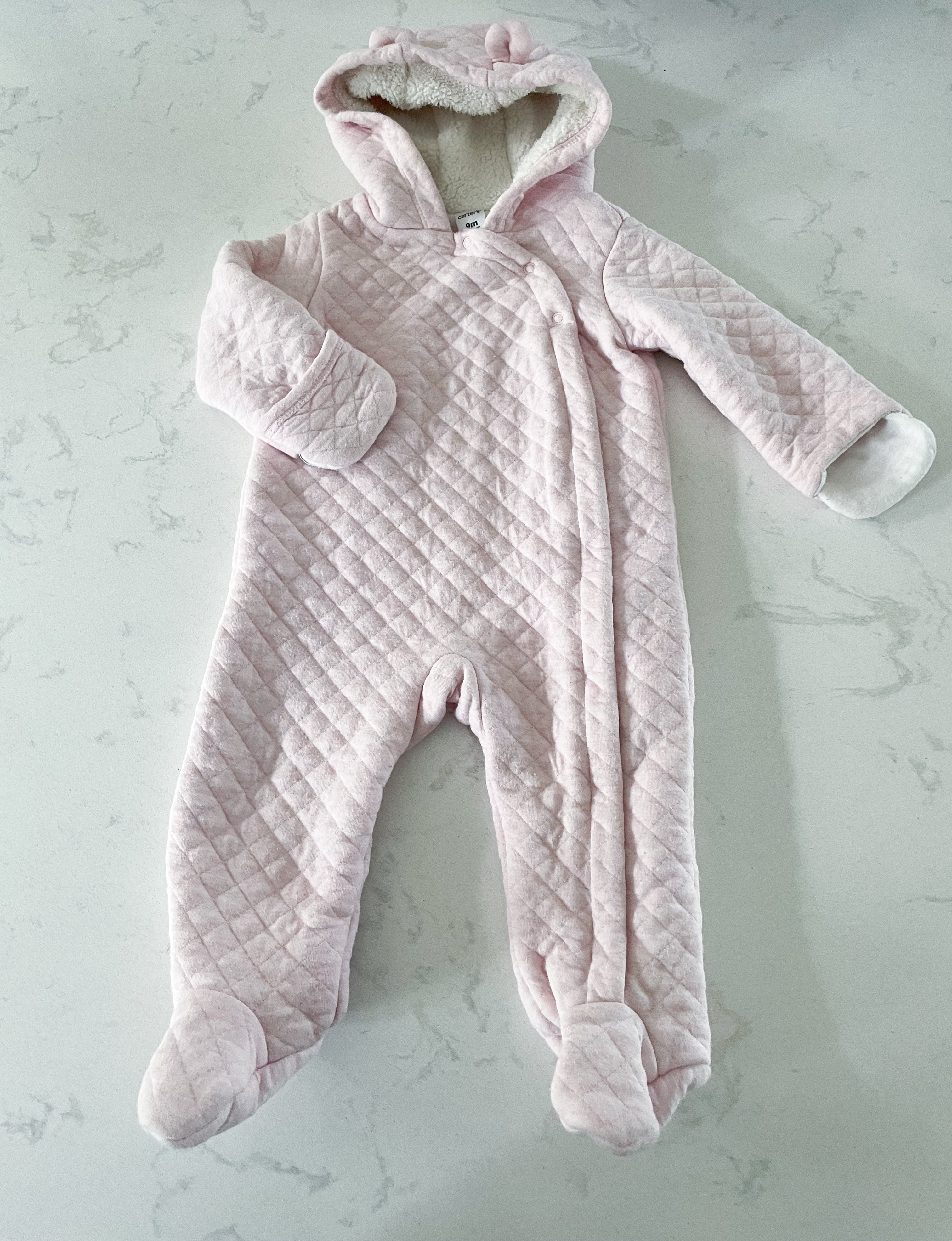 Carter’s- 9m-GUC-light pink quilted footie bunting suit
