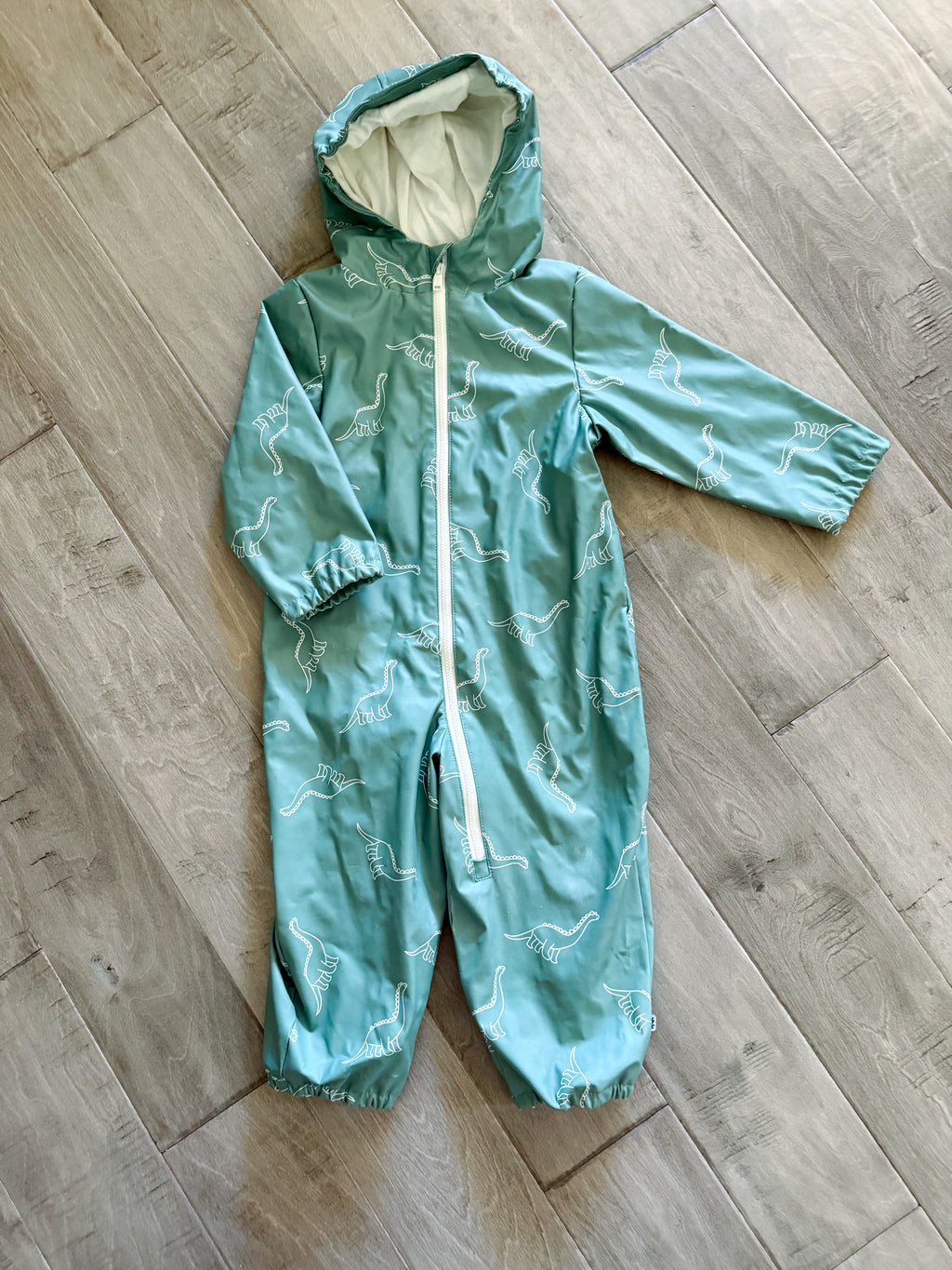 IZod- 18-24m- GUC- mint green rain suit with dinosaur pattern