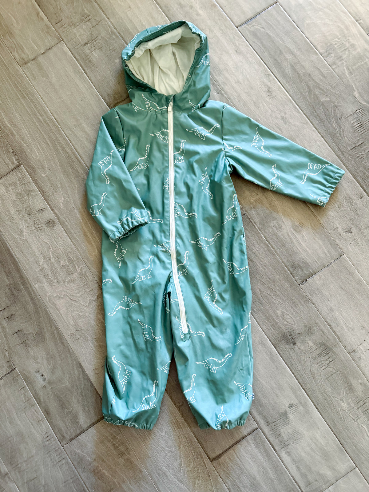 IZod- 18-24m- GUC- mint green rain suit with dinosaur pattern
