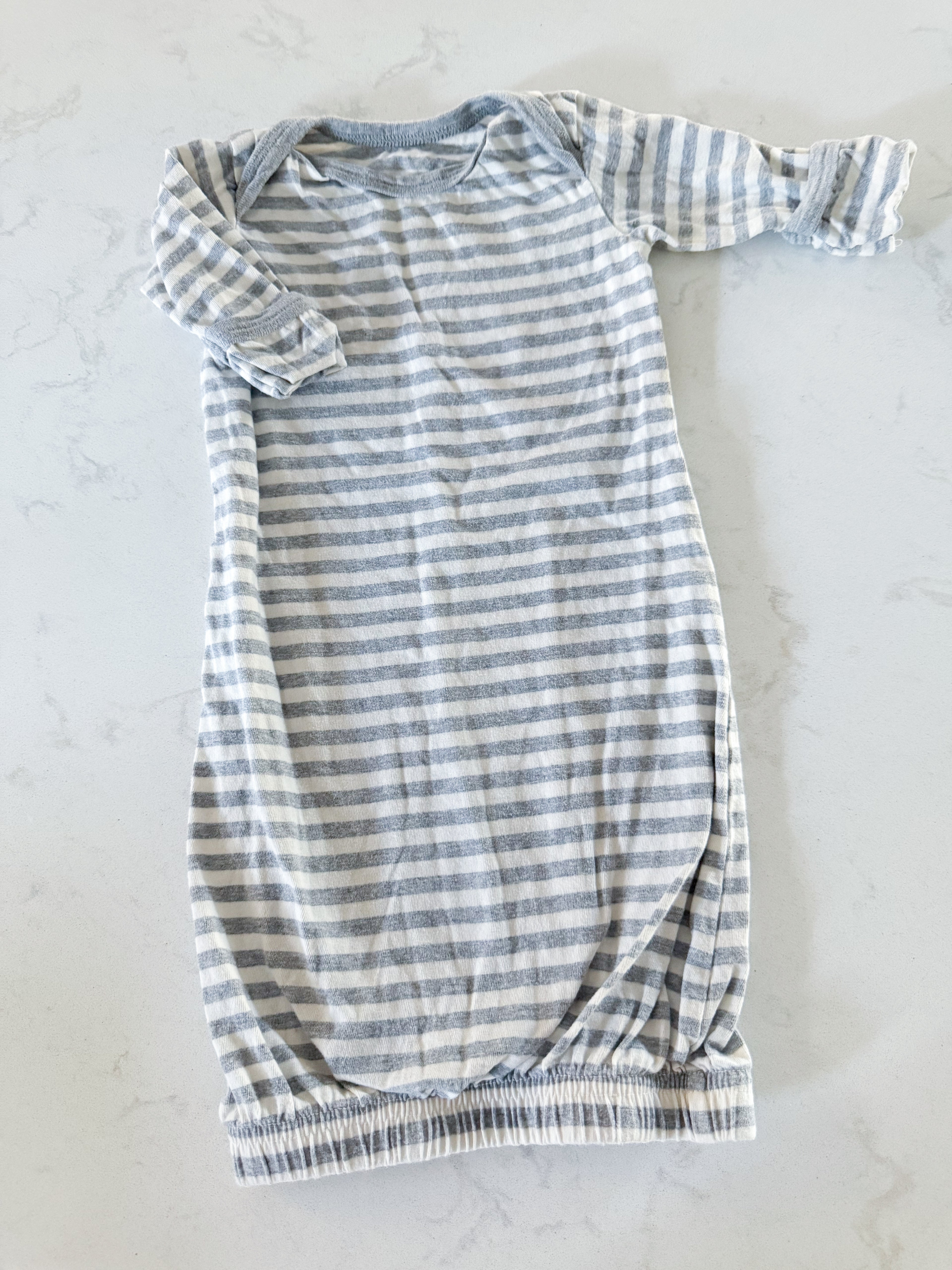 Mini Mioche- 0-5m- GUC- light grey and white striped sleep gown