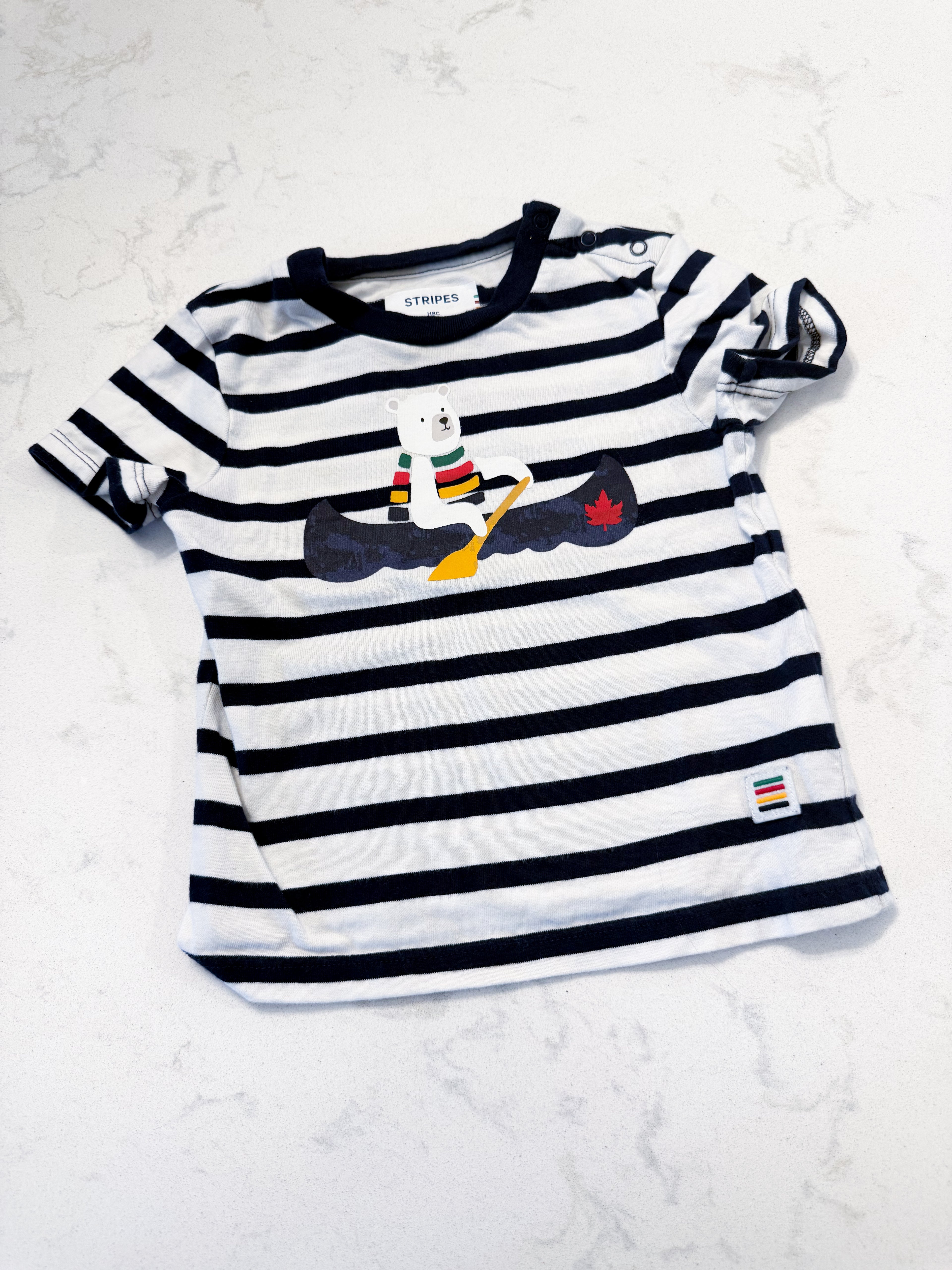 Hudson Bay Company- 6-12m- VGUC- white and navy striped shirt with bear in canoe