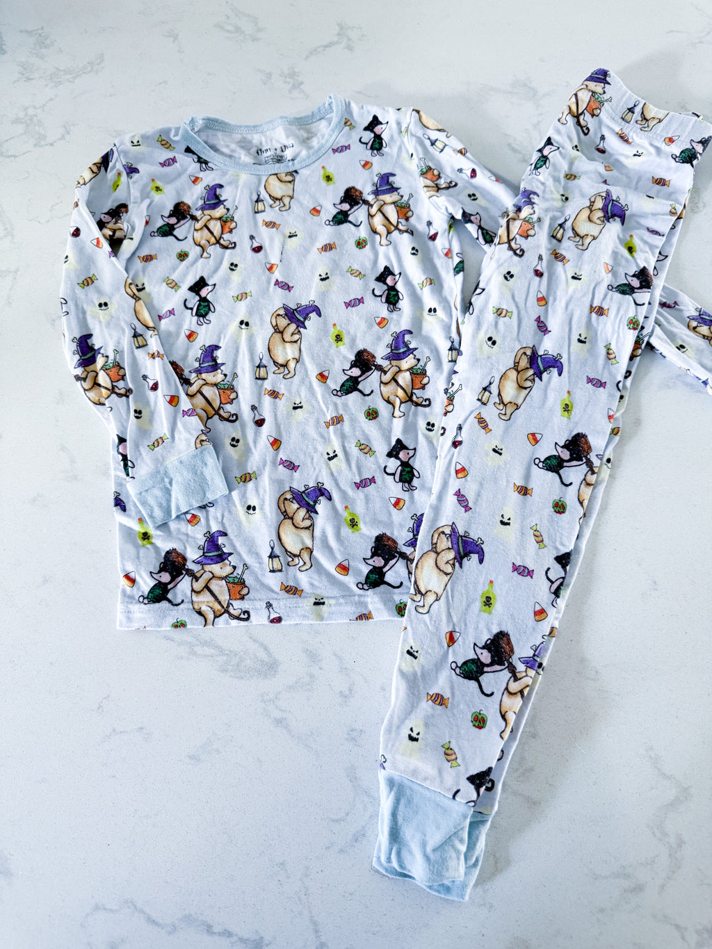 Finn and Liva- 2T- PLAY- long sleeve light blue bamboo Jammies with Pooh bear Halloween graphic