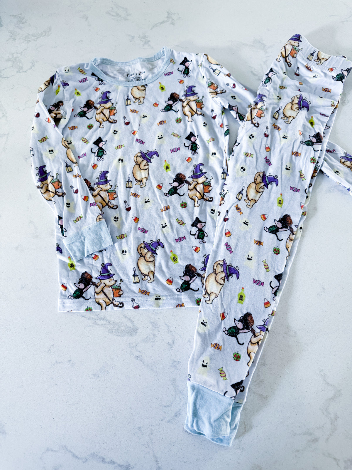 Finn and Liva- 2T- PLAY- long sleeve light blue bamboo Jammies with Pooh bear Halloween graphic