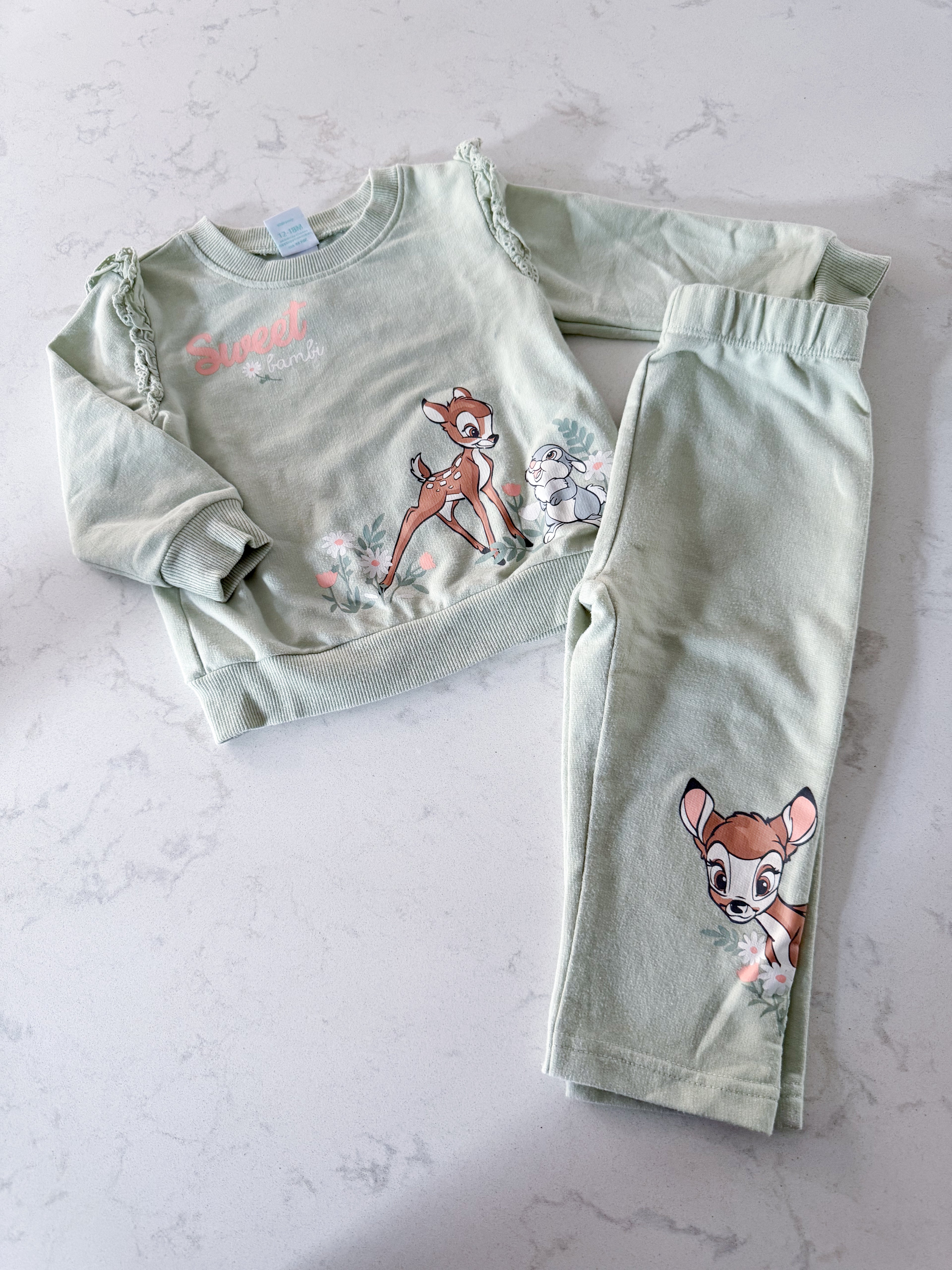 Disney Baby- 12-18m- GUC- mint green Bambi sweat set