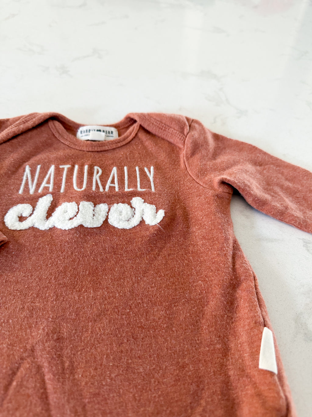 Rabbit and Bear- 6-9m- GUC- long sleeve brown bodysuit with naturally clever