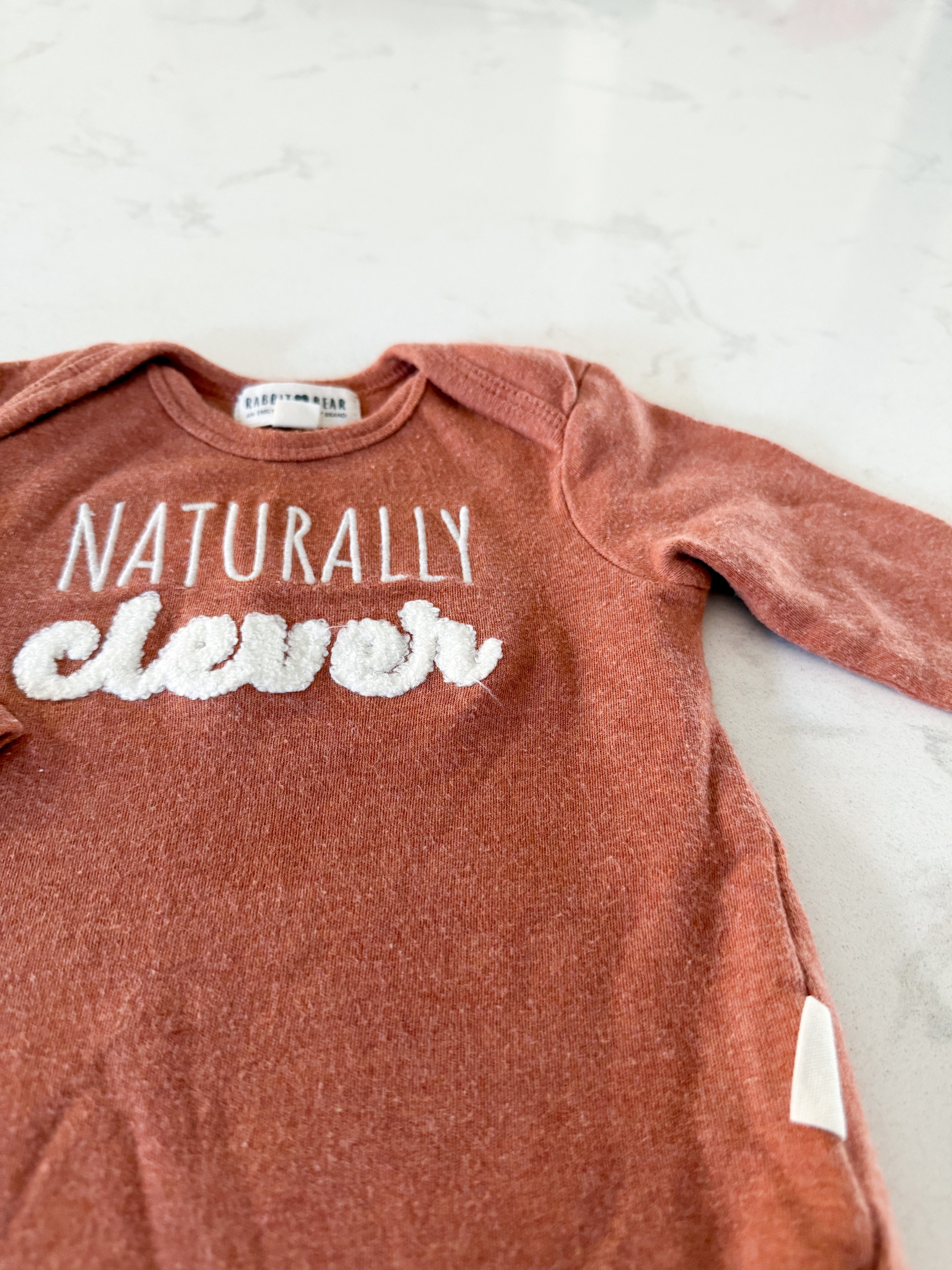Rabbit and Bear- 6-9m- GUC- long sleeve brown bodysuit with naturally clever