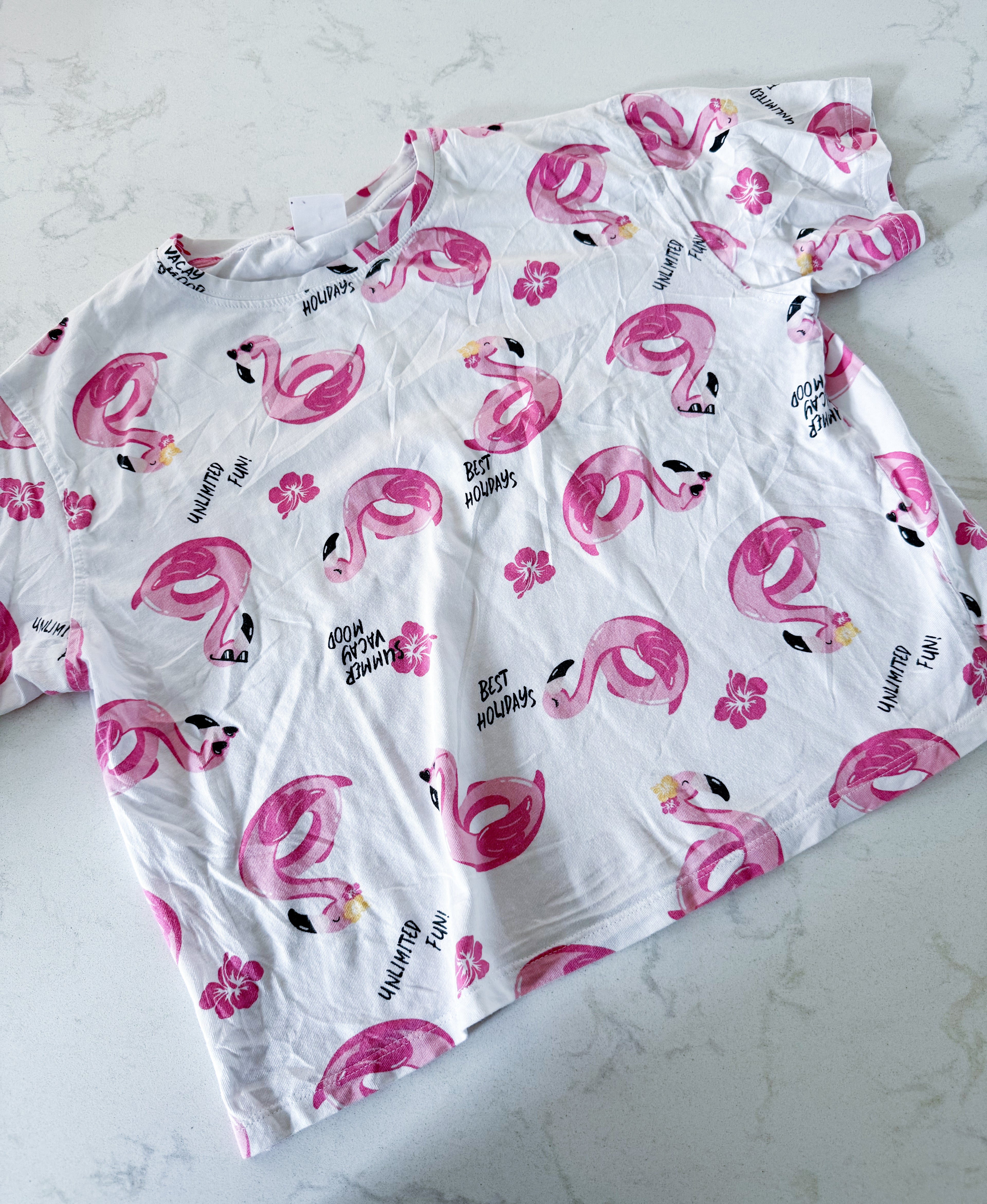Zara- 11-12Y- PLAY- white short t shirt with pink flamingo patterns