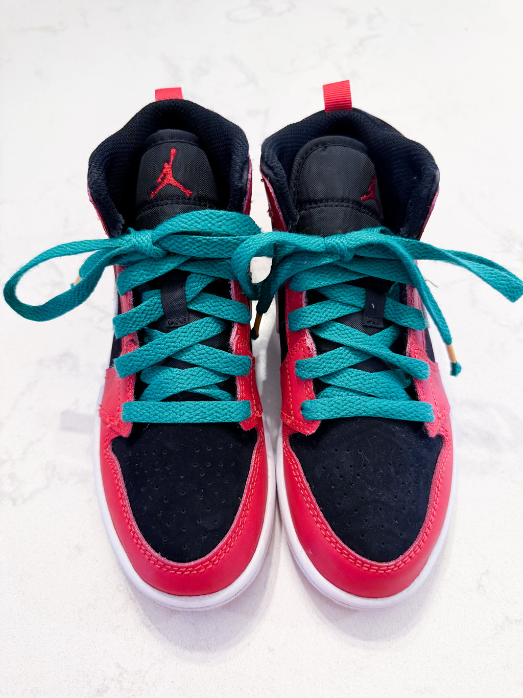Nike (Air Jordan)- 13C- VGUC- red black and green high top sneakers