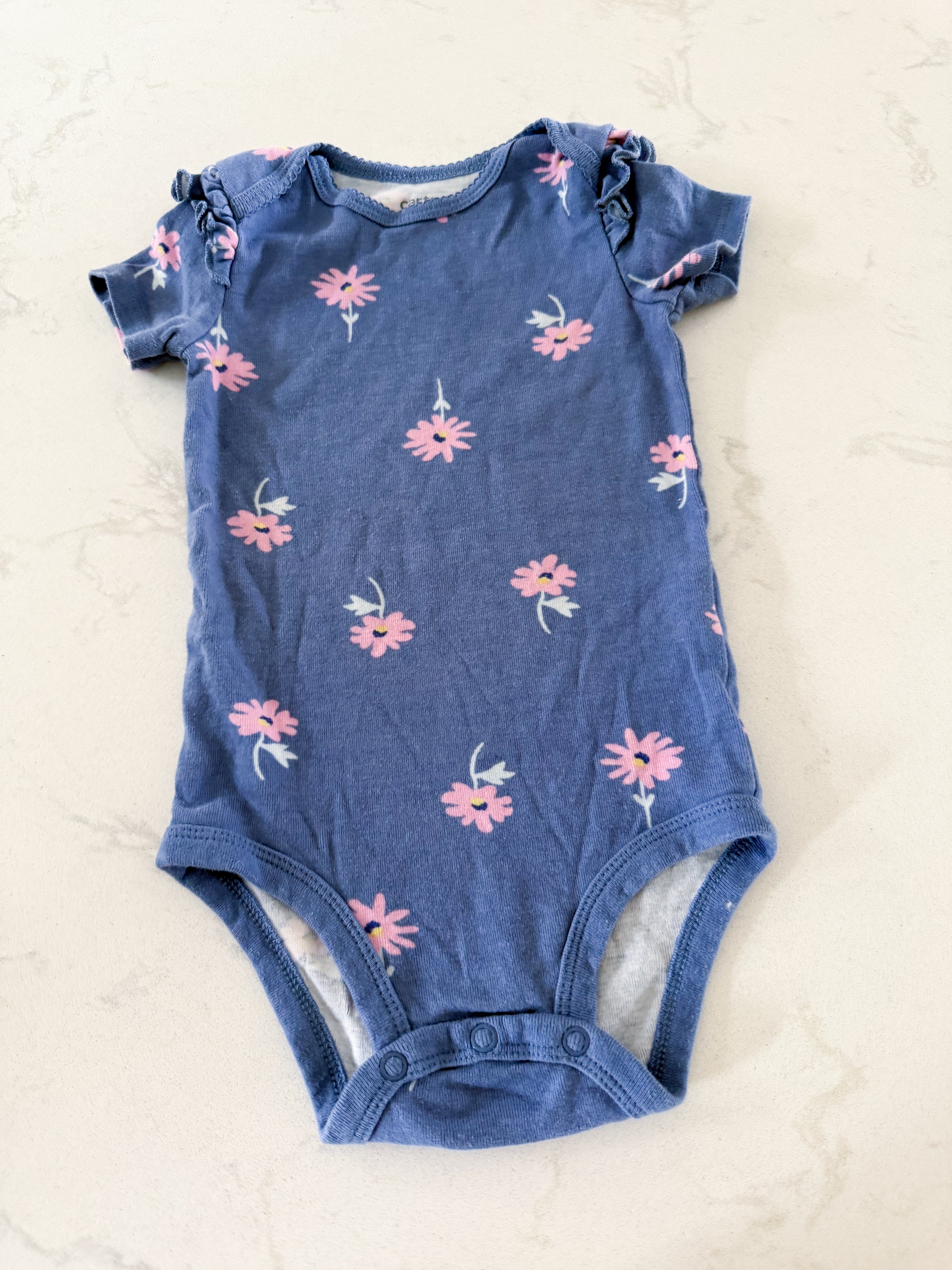 Carters- 18m- GUC- purpley blue short sleeve bodysuit with pink florals