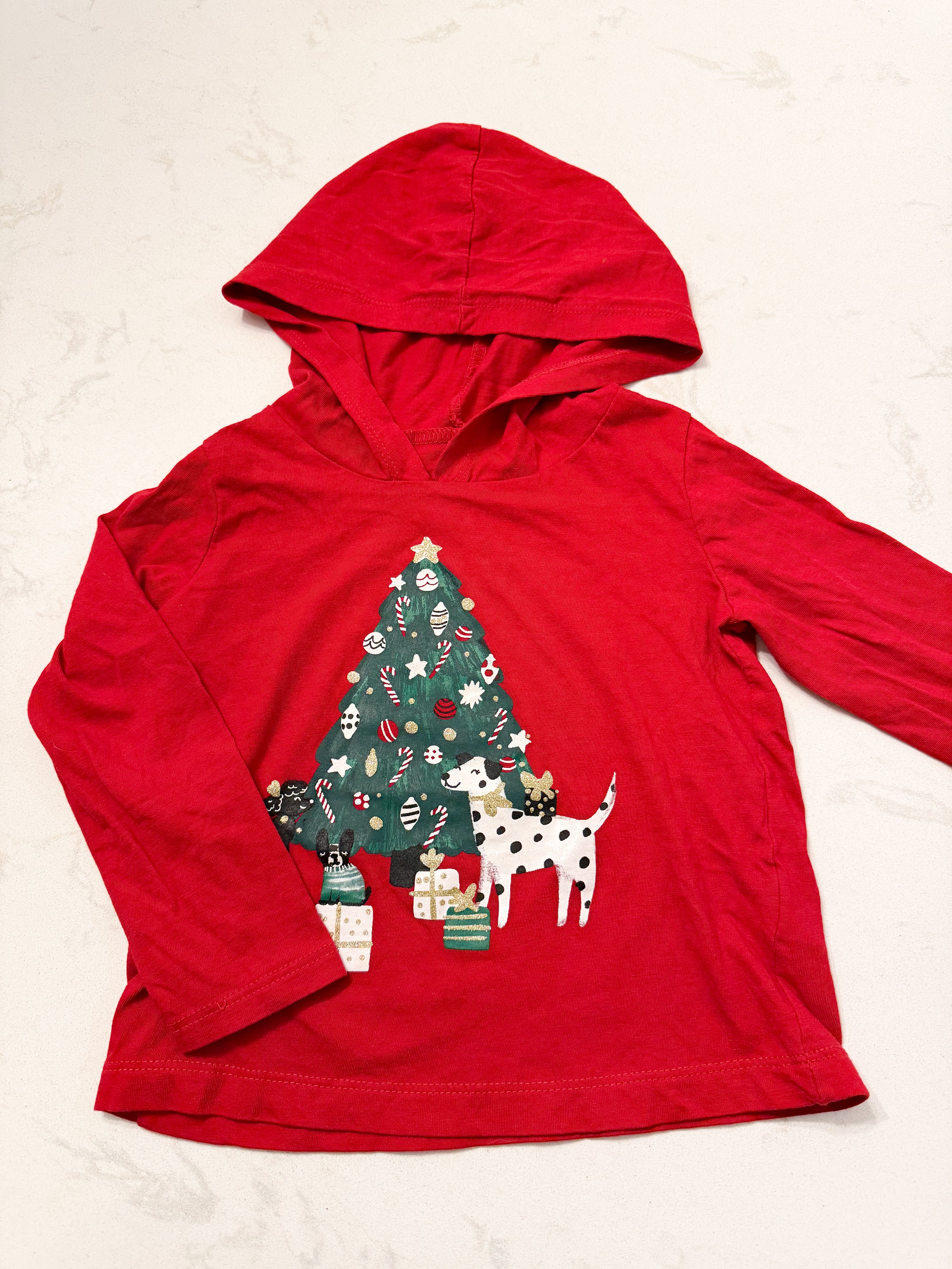 Carter’s- 2T- VGUC- thin long sleeve shirt with hood. Dalmatian and Christmas tree