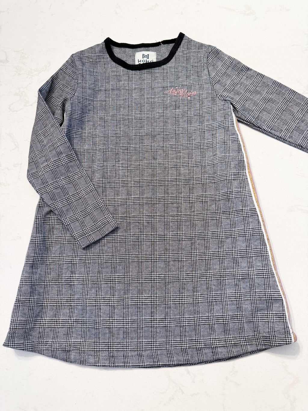 Koko Noko- 5Y- VGUC- grey plaid dress with pink and gold accents