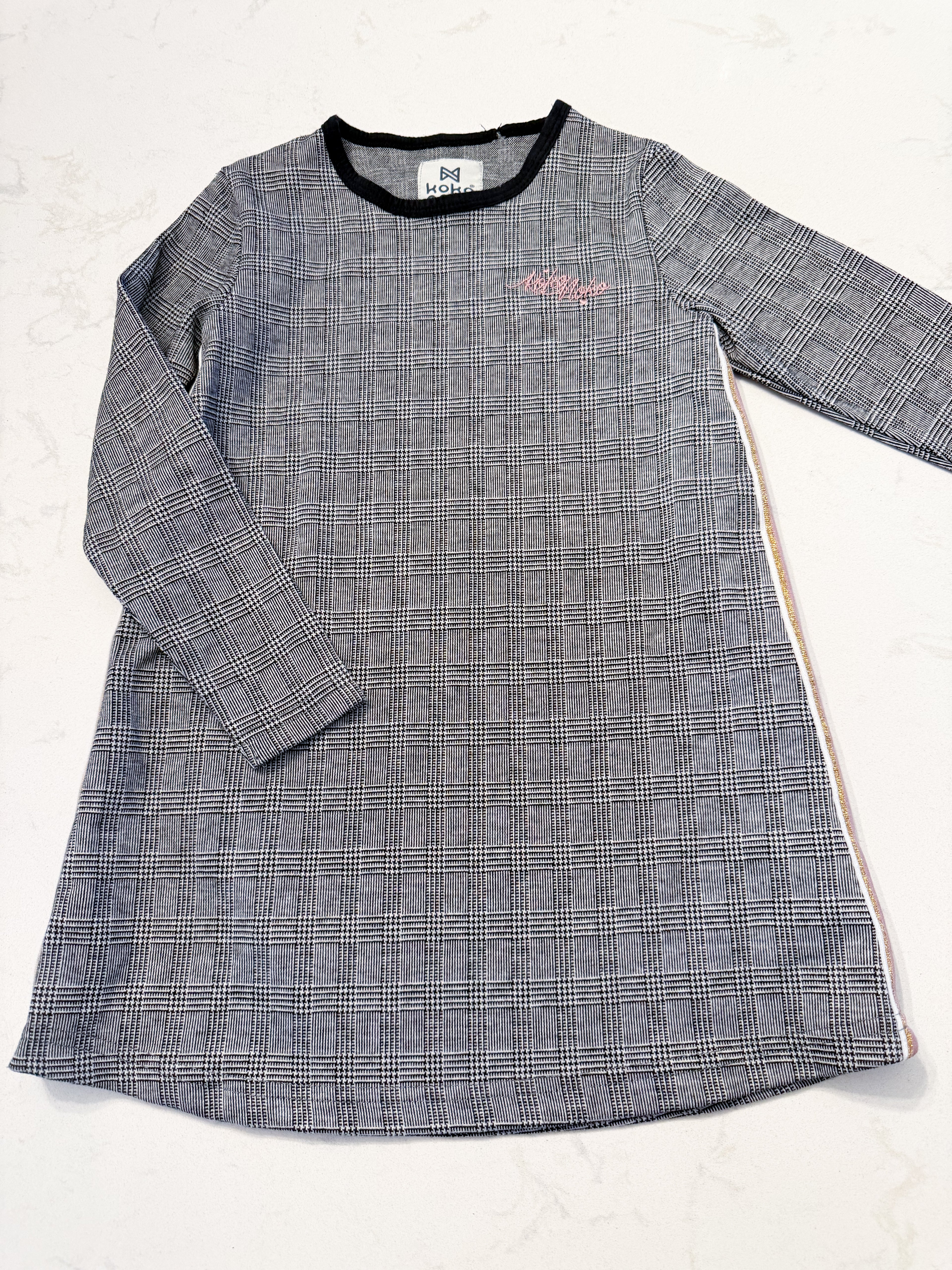 Koko Noko- 5Y- VGUC- grey plaid dress with pink and gold accents