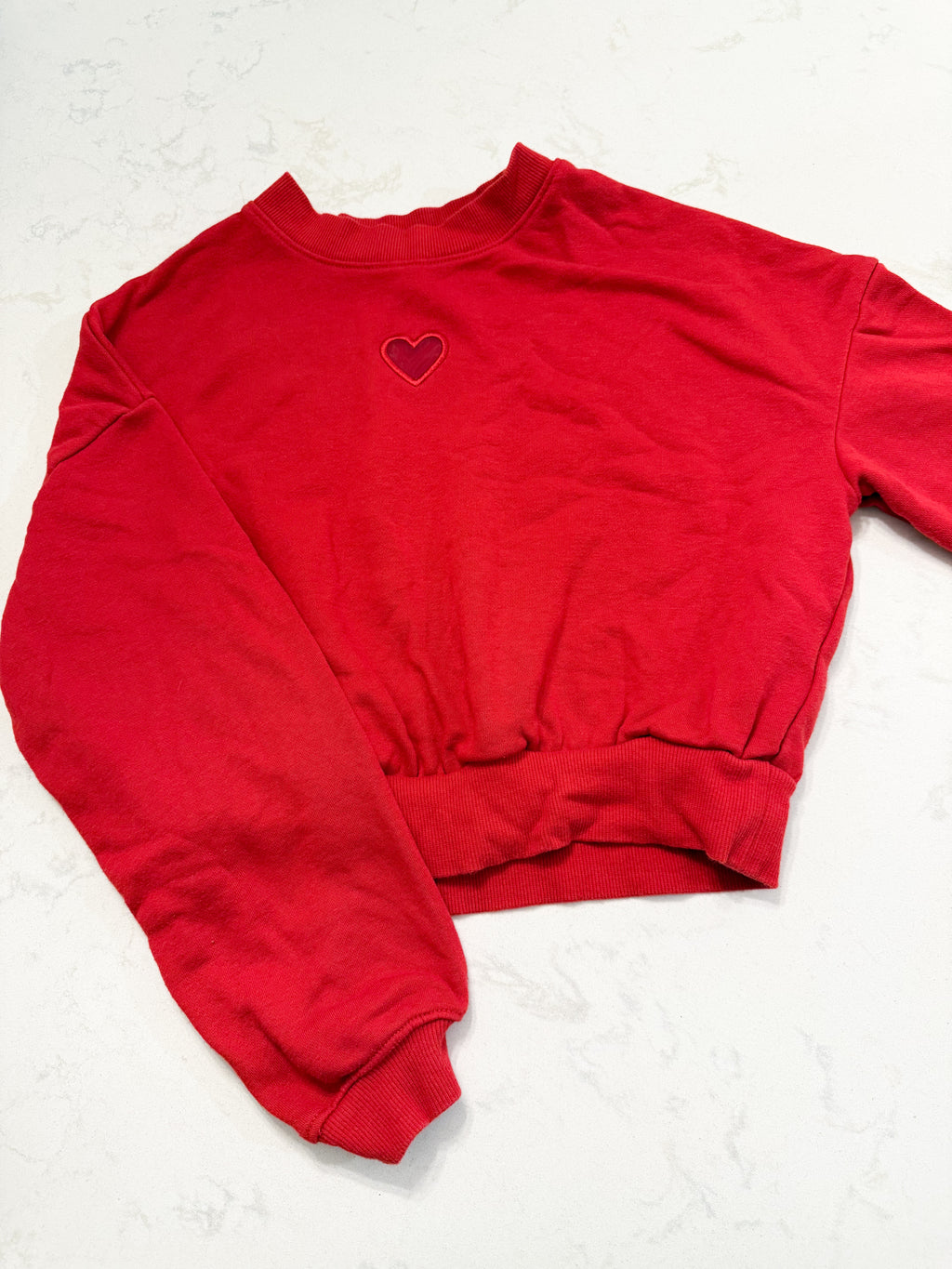 H&M- 12-14Y- VGUC- red crop sweater with embroidered heart on chest