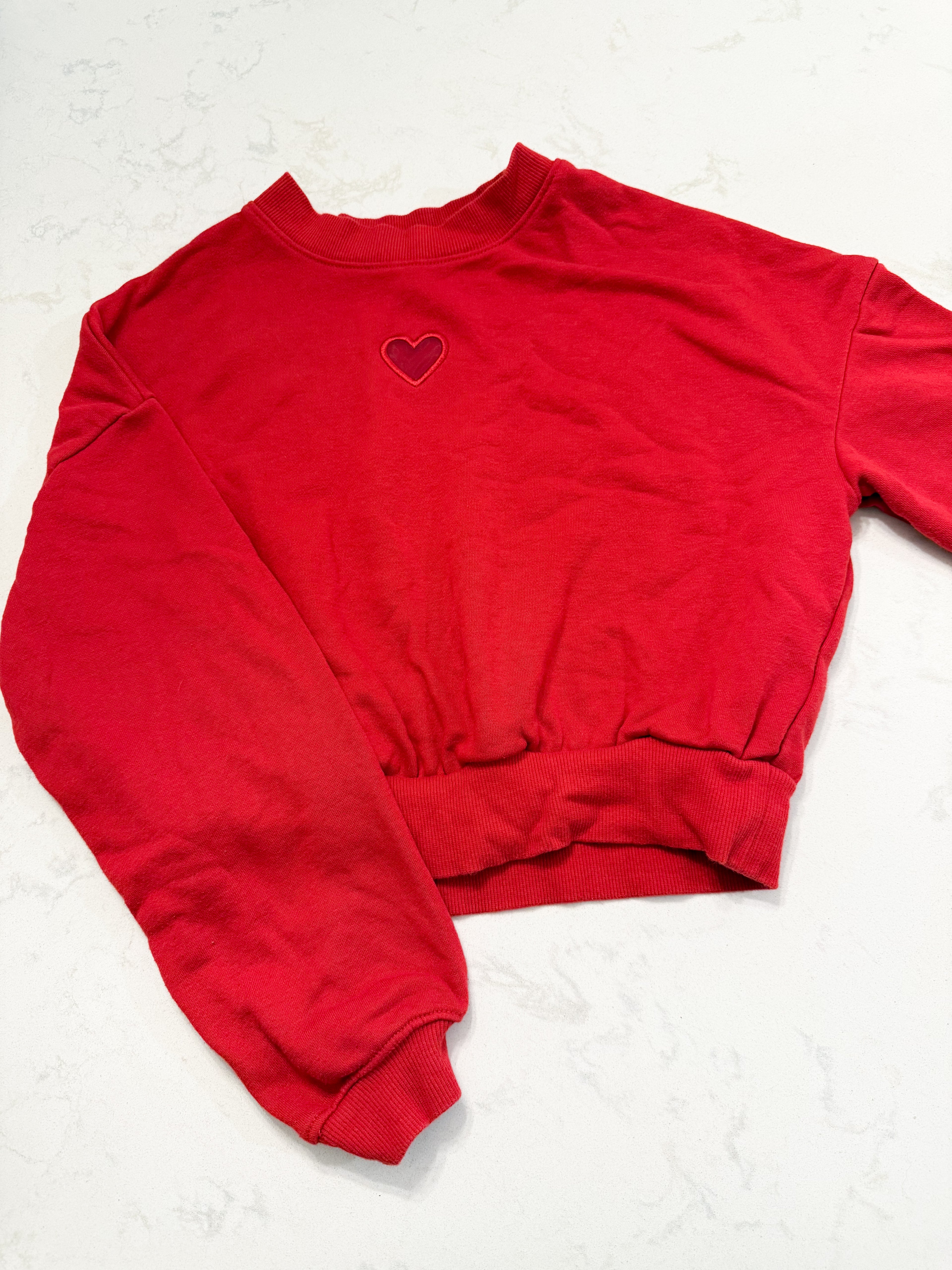 H&M- 12-14Y- VGUC- red crop sweater with embroidered heart on chest