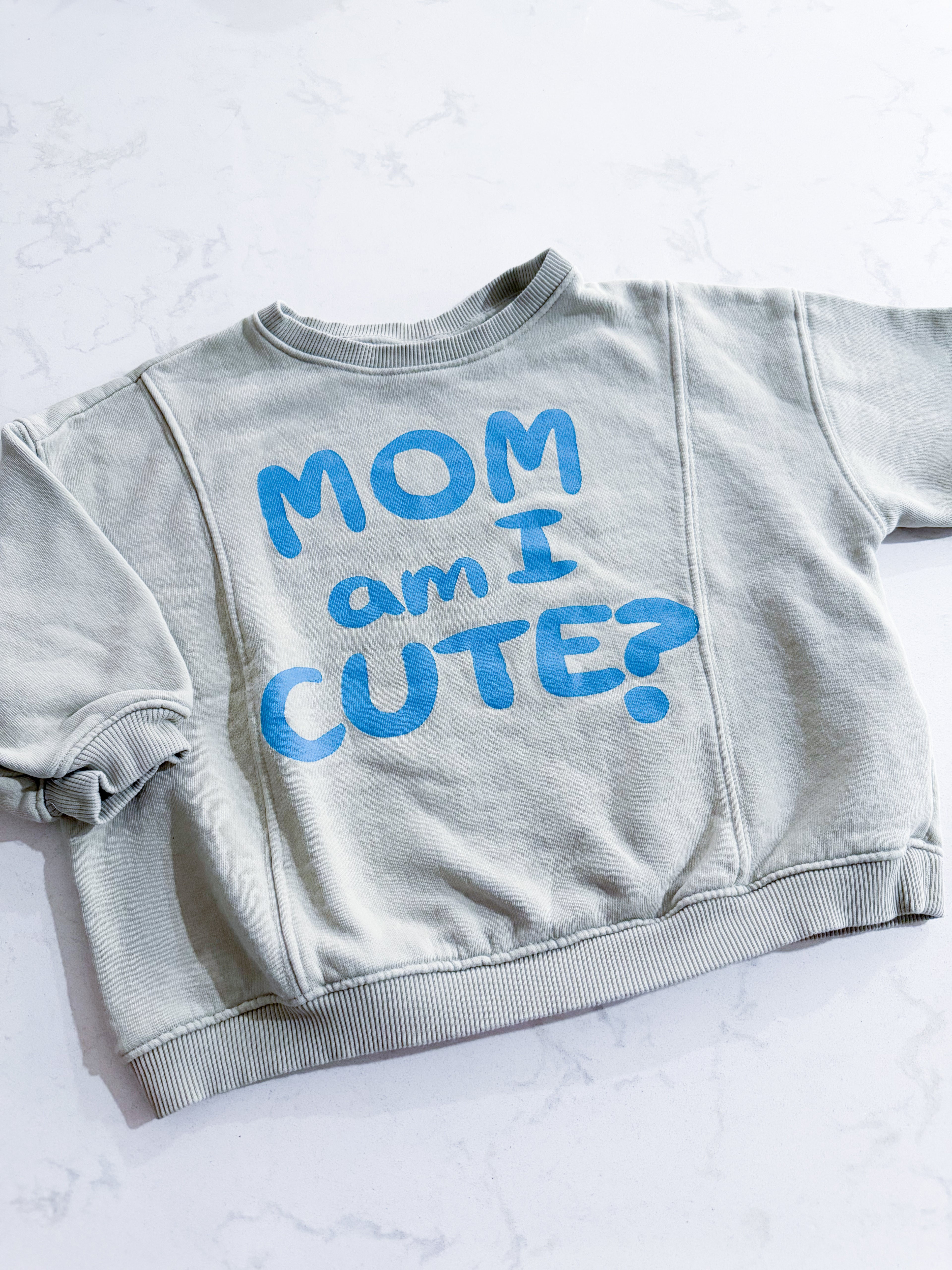 Zara- fits oversized 2-3Y- VGUC- sage green crewneck sweater with “mom am I cute?”