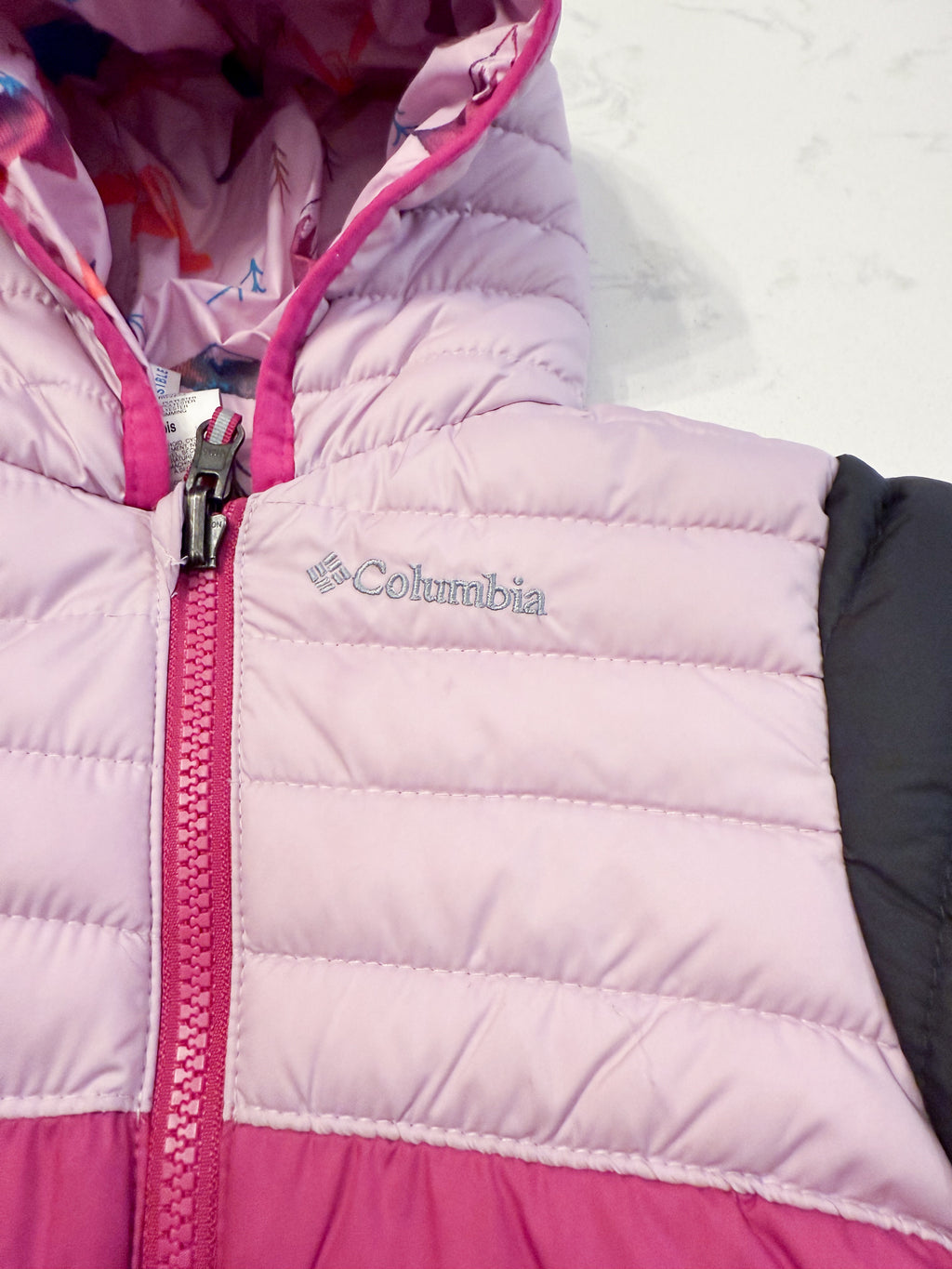 Columbia- 6-12m- PLAY- reversible puffer pink bunting suit