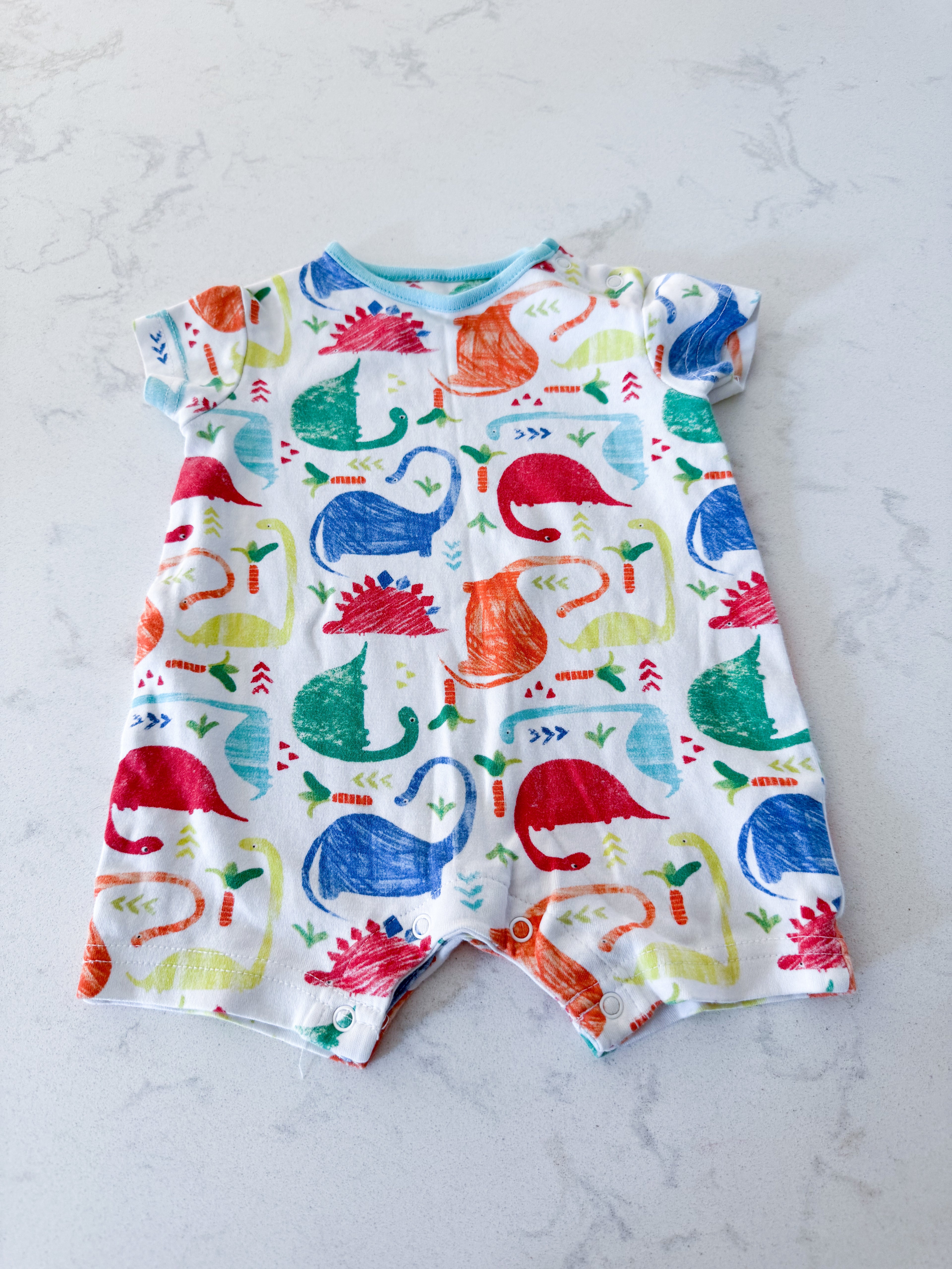No brand- newborn- VGUC- colourful dinosaur short romper