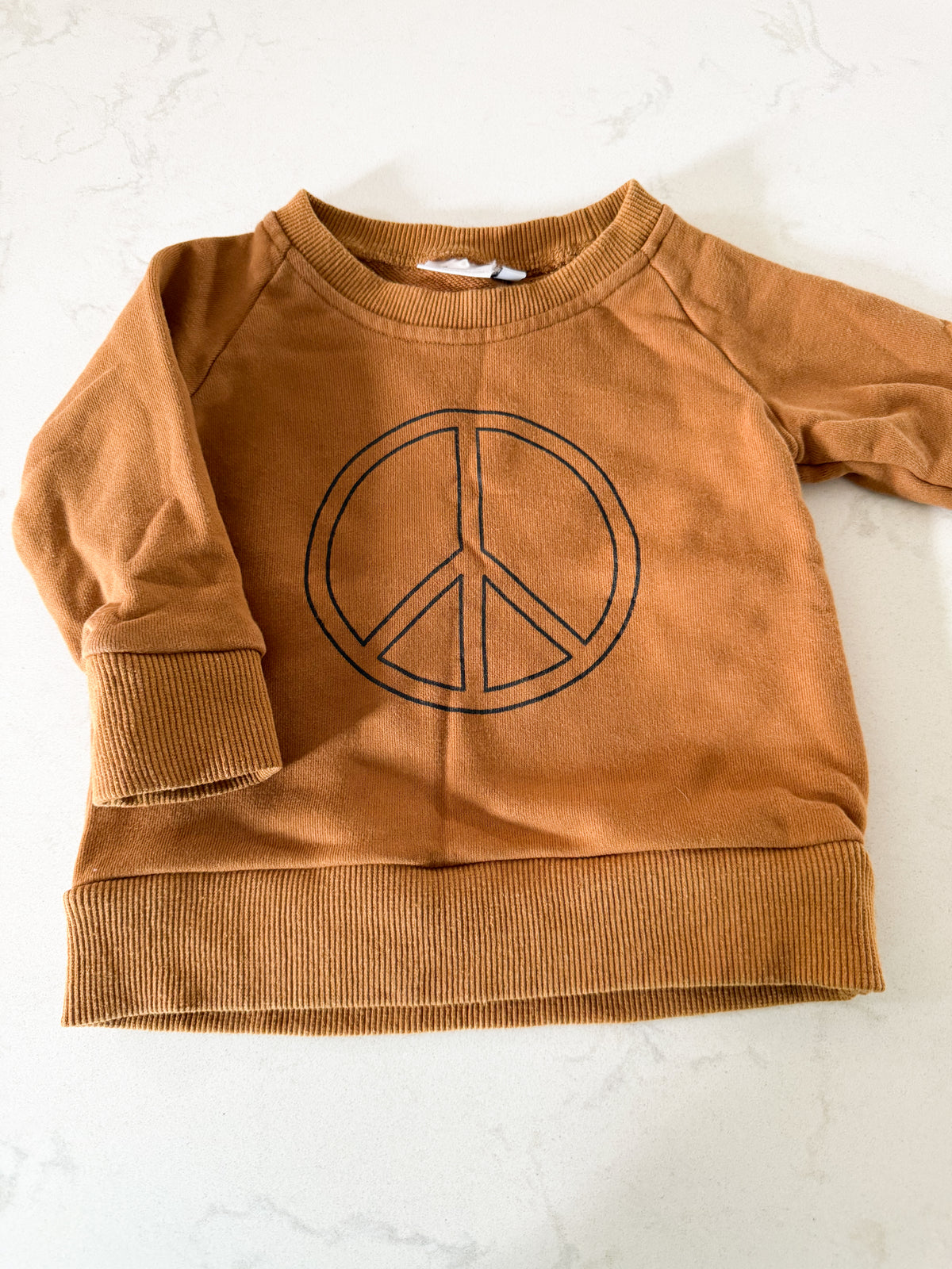 Little Luba- 12-24m- VGUC- brown crewneck sweater with peace sign on front