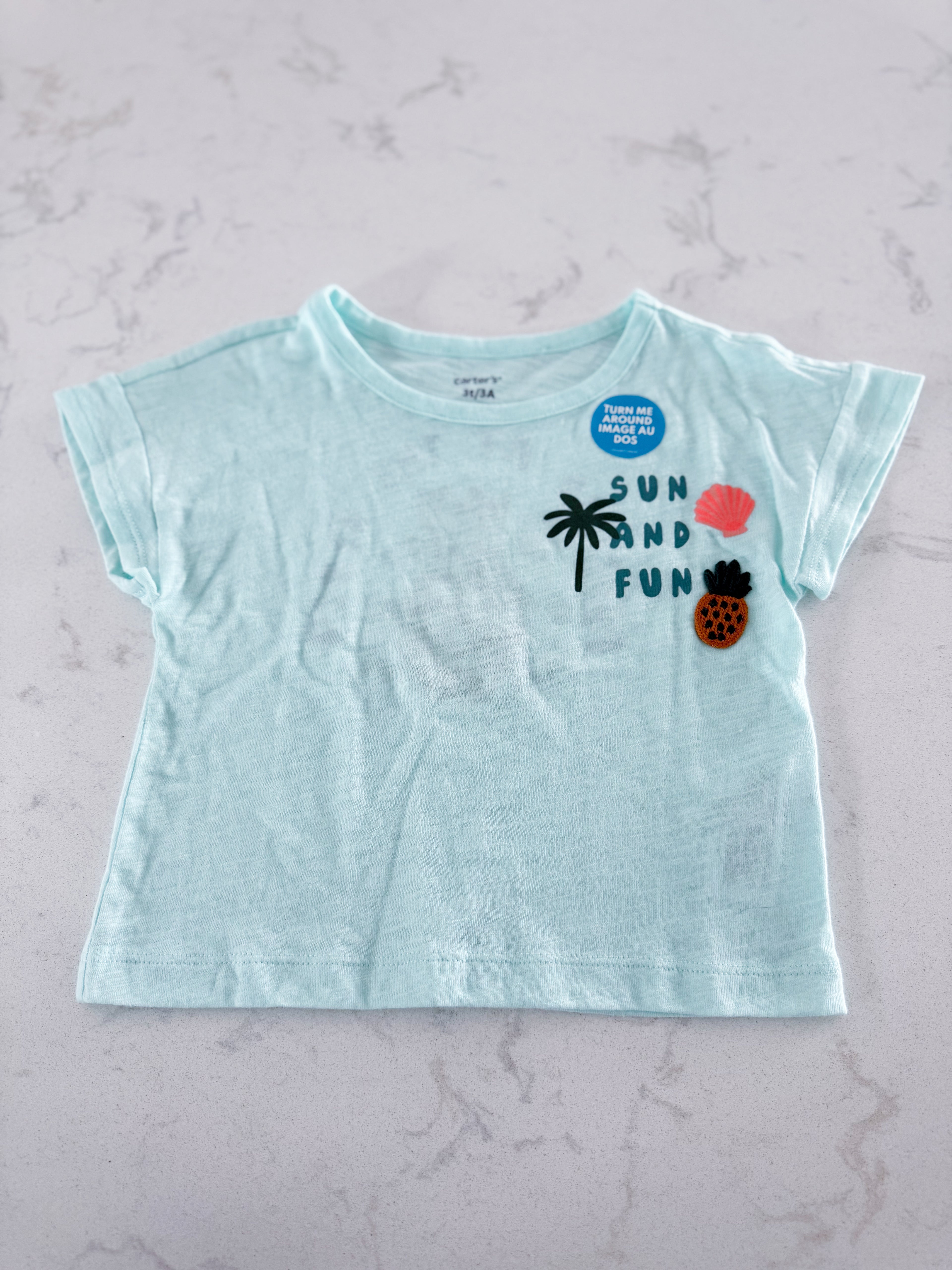 Carters- 3T- BNWOT- light blue thin t shirt with fruit and tropical saying