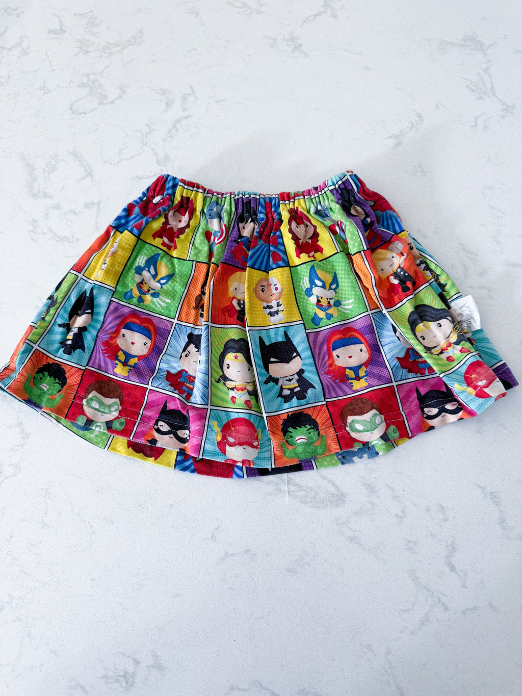 Vi and Jax- 18-24m- GUC- bamboo skirt with cartoon superhero graphics