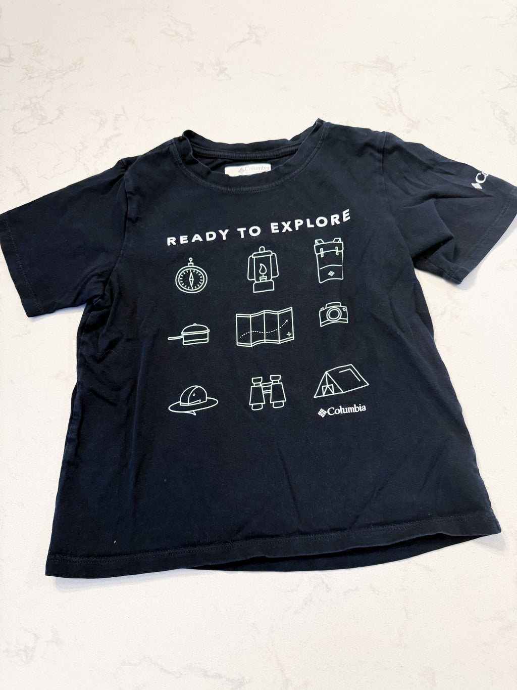Columbia- fits 5T- PLAY- black t shirt with camping equipment graphics