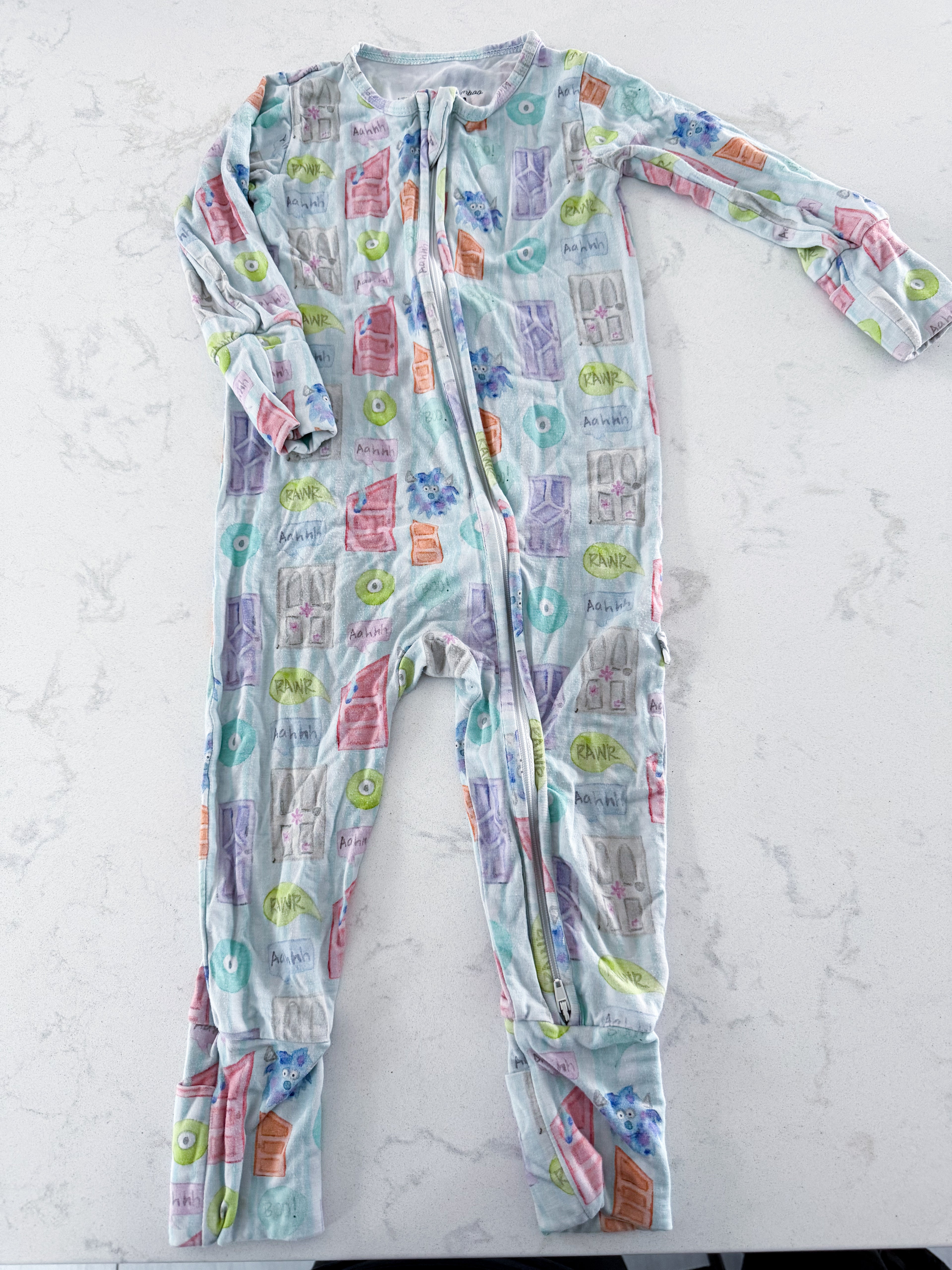 Little Bird Bamboo- 18-24m-PLAY- light blue monsters inc bamboo jammies with fold over hands and feet