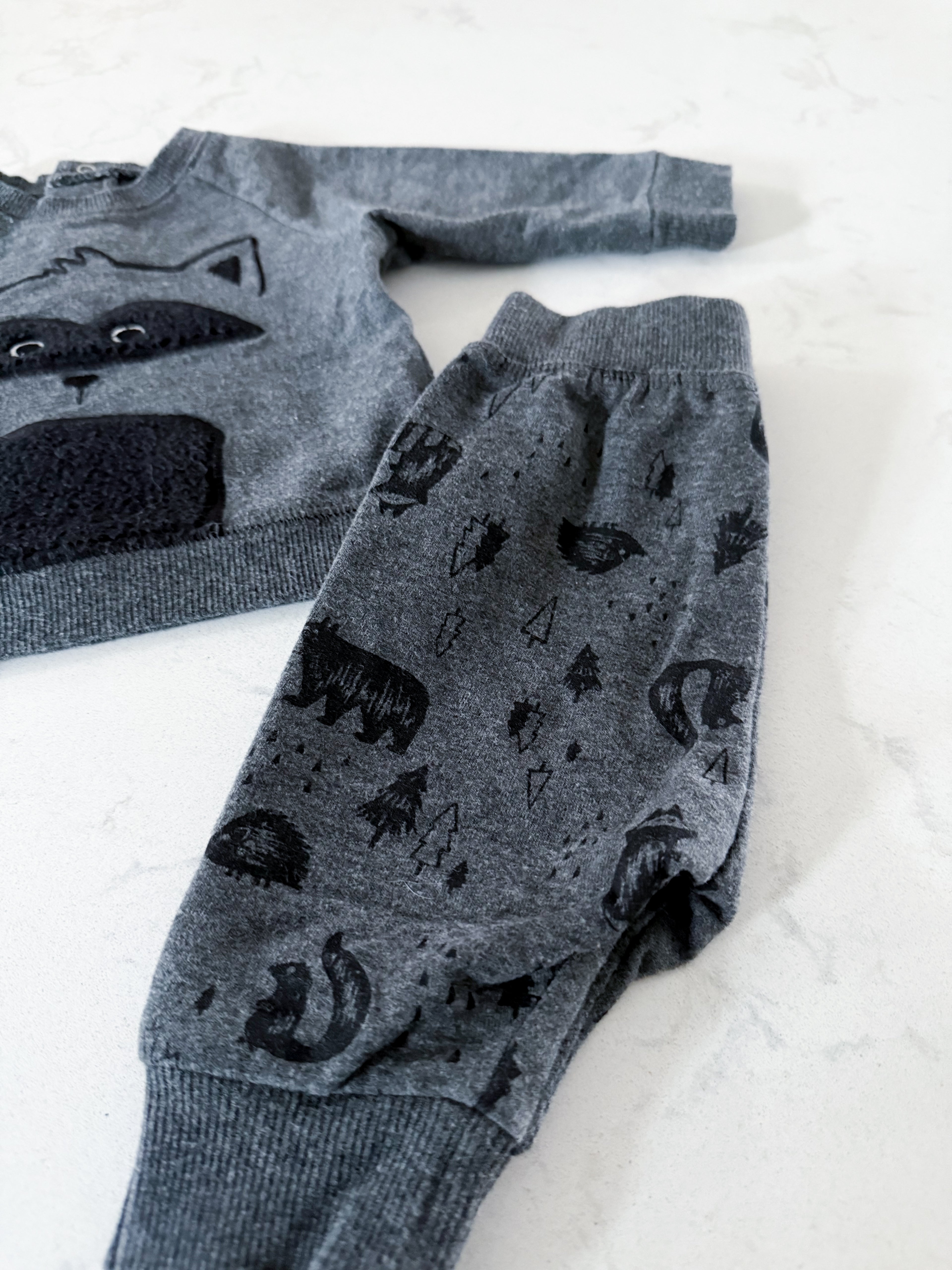 PL Baby- 3m- GUC- dark grey sweat suit with raccoons on it