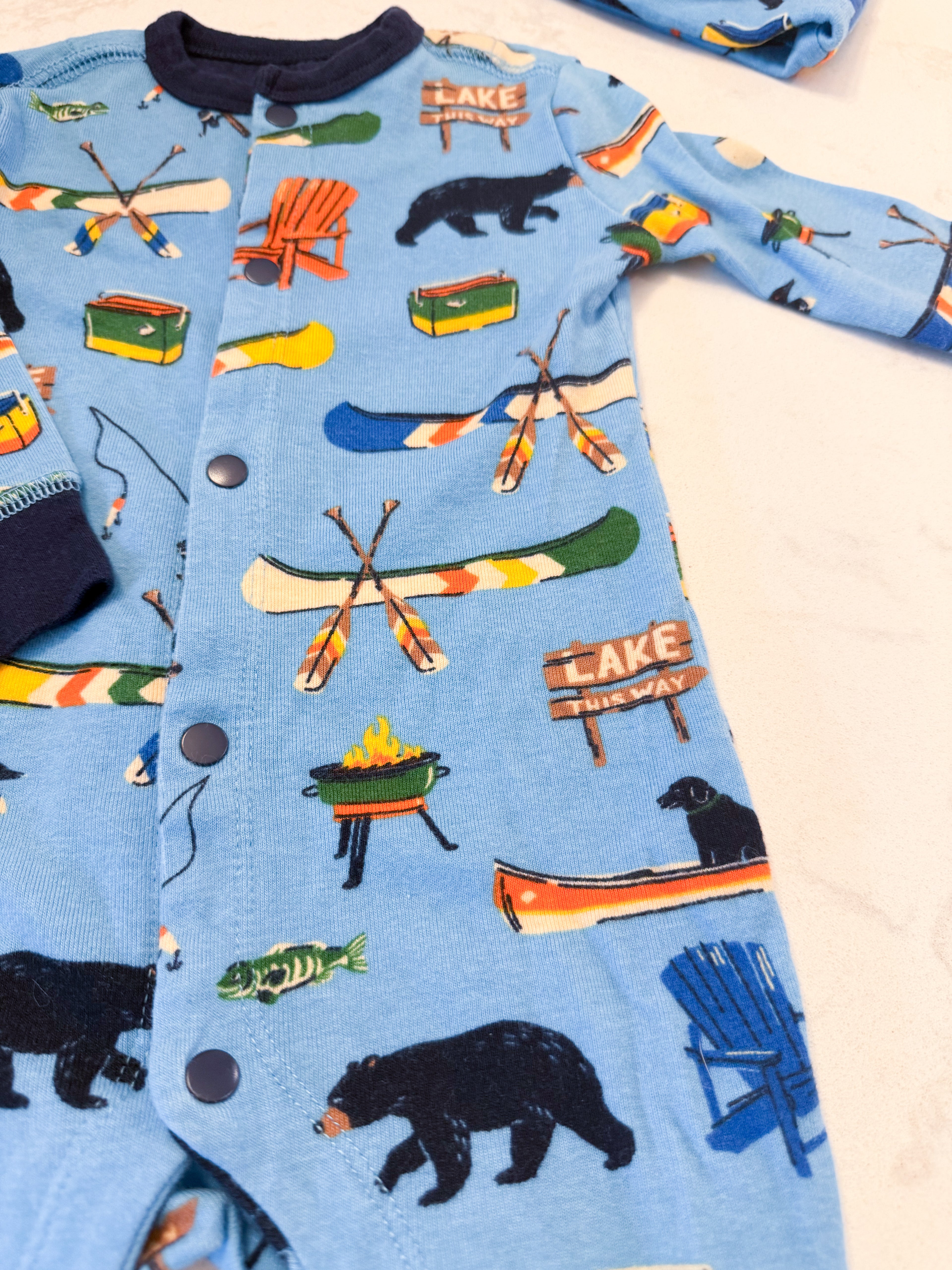Little Blue House- 6-12m- VGUC- button up footless pajamas with matching hat and camping pattern
